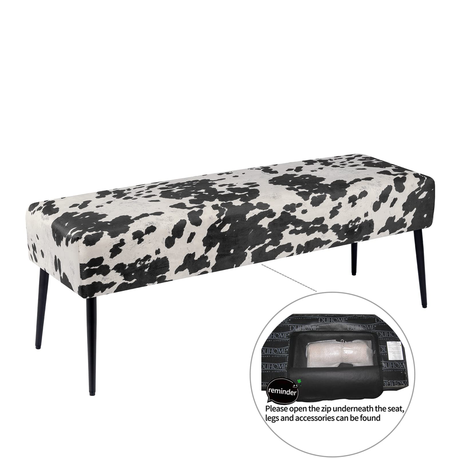 DUHOME Velvet Bench Ottoman with Cow Print - Upholstered Bedroom Bench with Black Metal Base - Perfect for Entryway, Dining Room, Living Room & Bedroom Decor - Stylish Seating & Storage Solution for Home, Office or Dorm