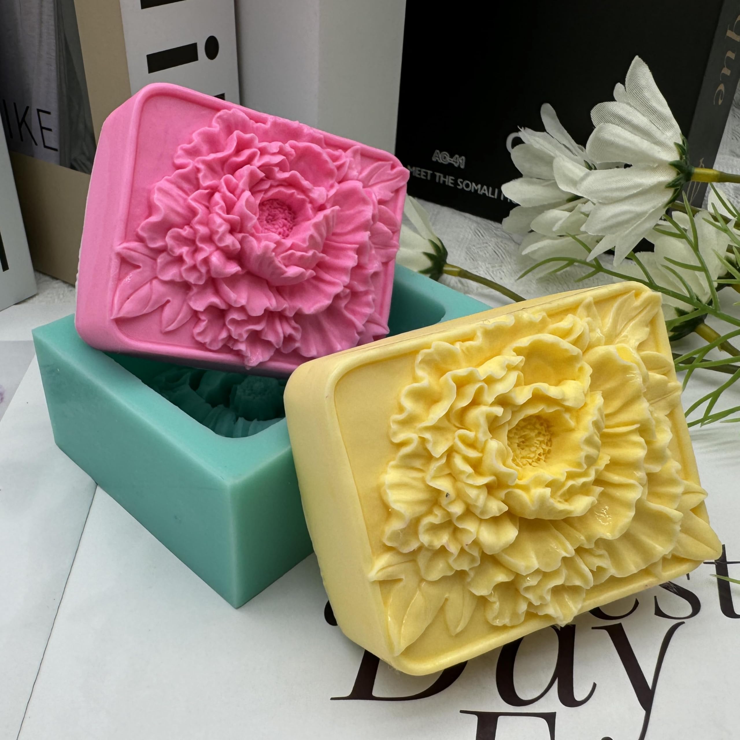 3D Peony Flower Soap Mold - Silicone Soap Making Molds for Cold Process & Melt & Pour - Handmade Soap, Lotion Bar & Candle Molds - DIY Bath & Body Supplies for Home Spa, Wedding Favors, Gift Making