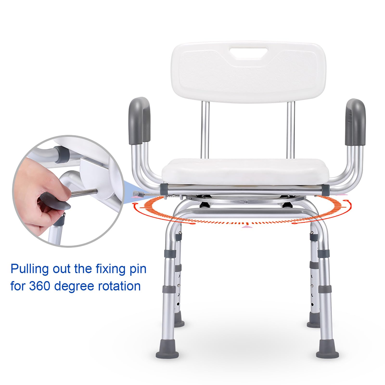360° Swivel Shower Chair with Arms & Back - Heavy Duty Adjustable Height Bath Seat for Elderly & Disabled - Ideal for Safe Bathing & Mobility Assistance in Home & Hospital Settings