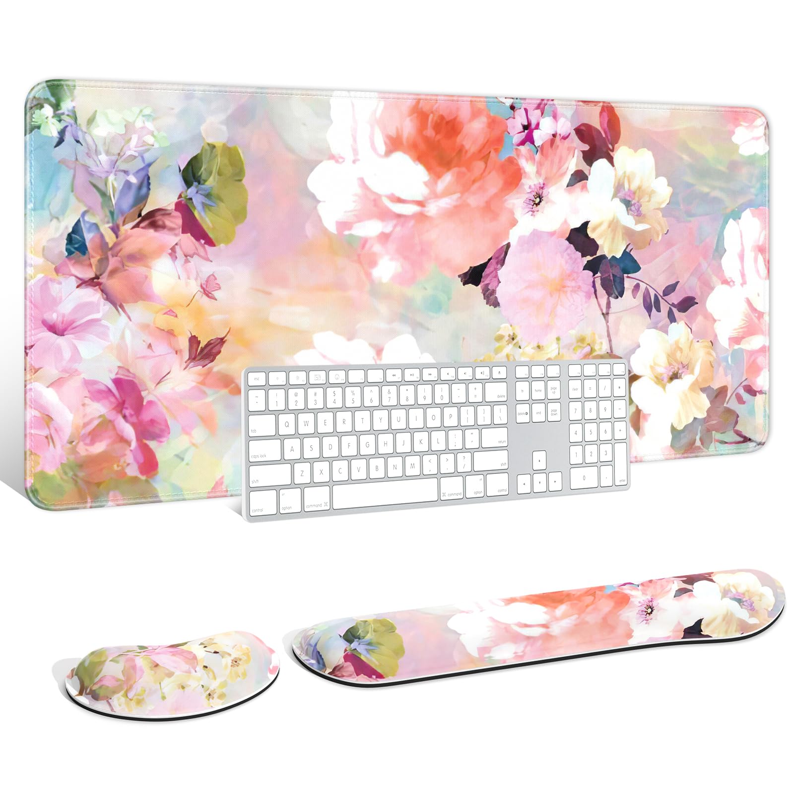 Auhoahsil Extra Large Mouse Pad with Wrist Rest - 35.5 x 15.7 Inch Ergonomic Memory Foam Desk Mat for Keyboard & Mouse, Soft Thick Gaming Mousepad with Wrist Support - Pink Floral Design for Office & Computer Workstation