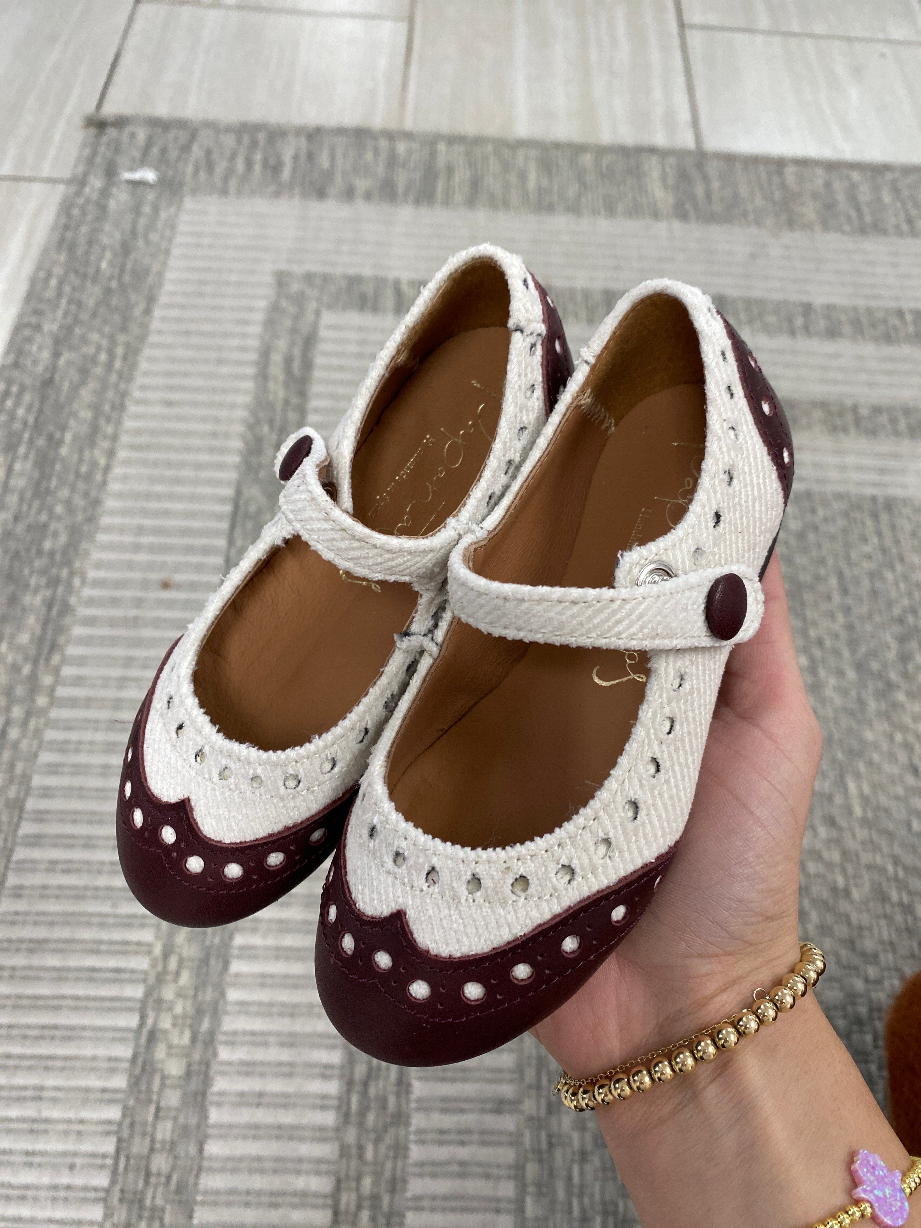 Stylish White Wool & Burgundy Wingtip Mary Jane Shoes for Women - Comfortable & Elegant Dress Shoes for Work, Parties & Special Occasions