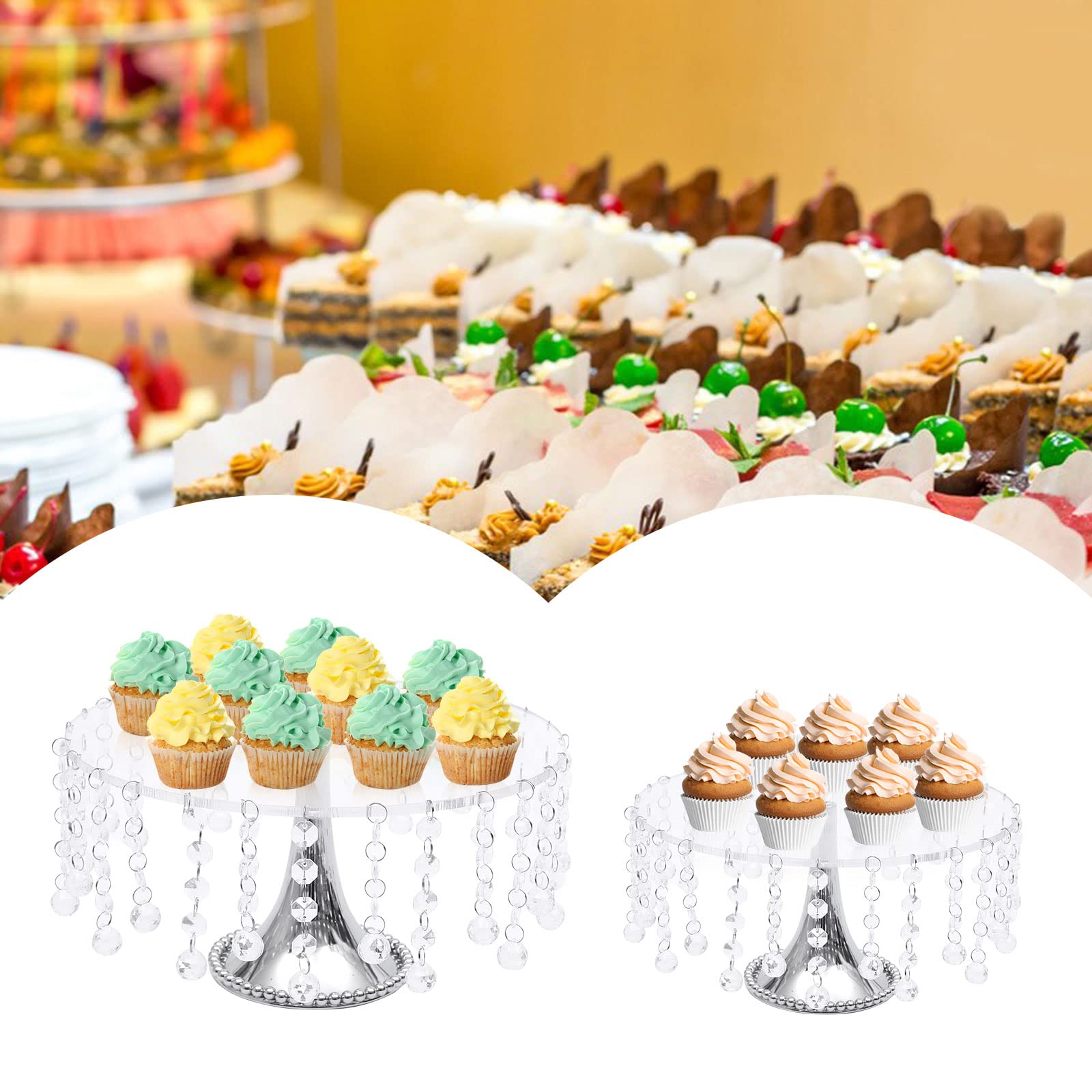 4PCS Silver Crystal Cake Stands Set - Round Metal Cupcake Holders & Dessert Display Plates for Baby Shower, Wedding, Birthday Party - Elegant Serving Platters for Home Decor & Celebration Events