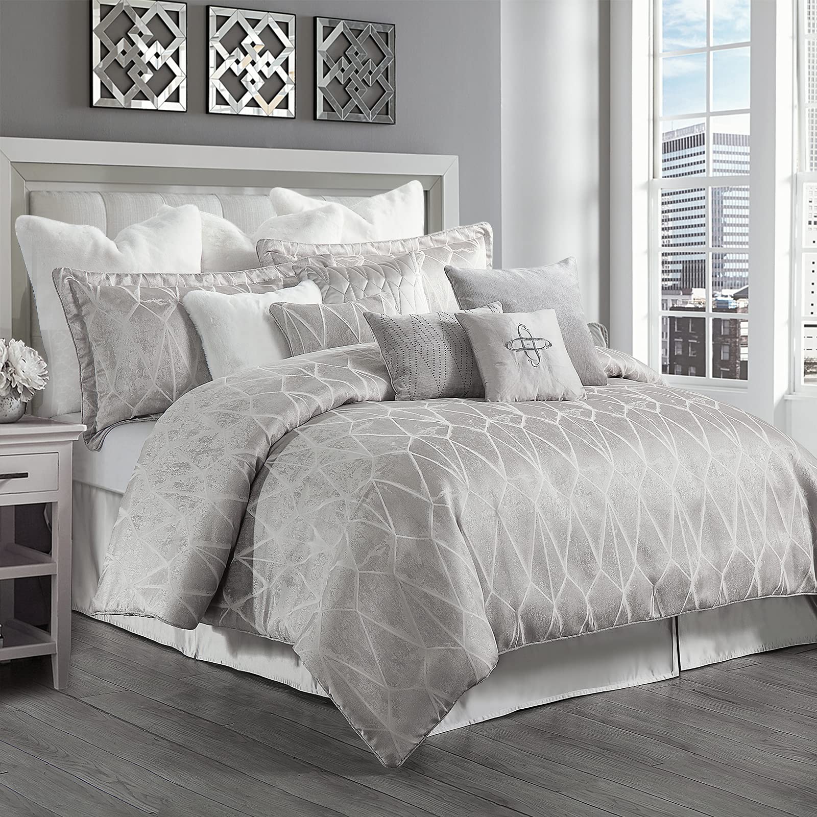 Loom and Mill 13-Piece Jacquard Comforter Set King Size - Geometric Design Luxury Cooling Bedding with Bed Skirt, Euro Shams & Decorative Pillows - Perfect for Summer & Hot Sleepers - Complete Bed in a Bag for Master Bedroom Decor