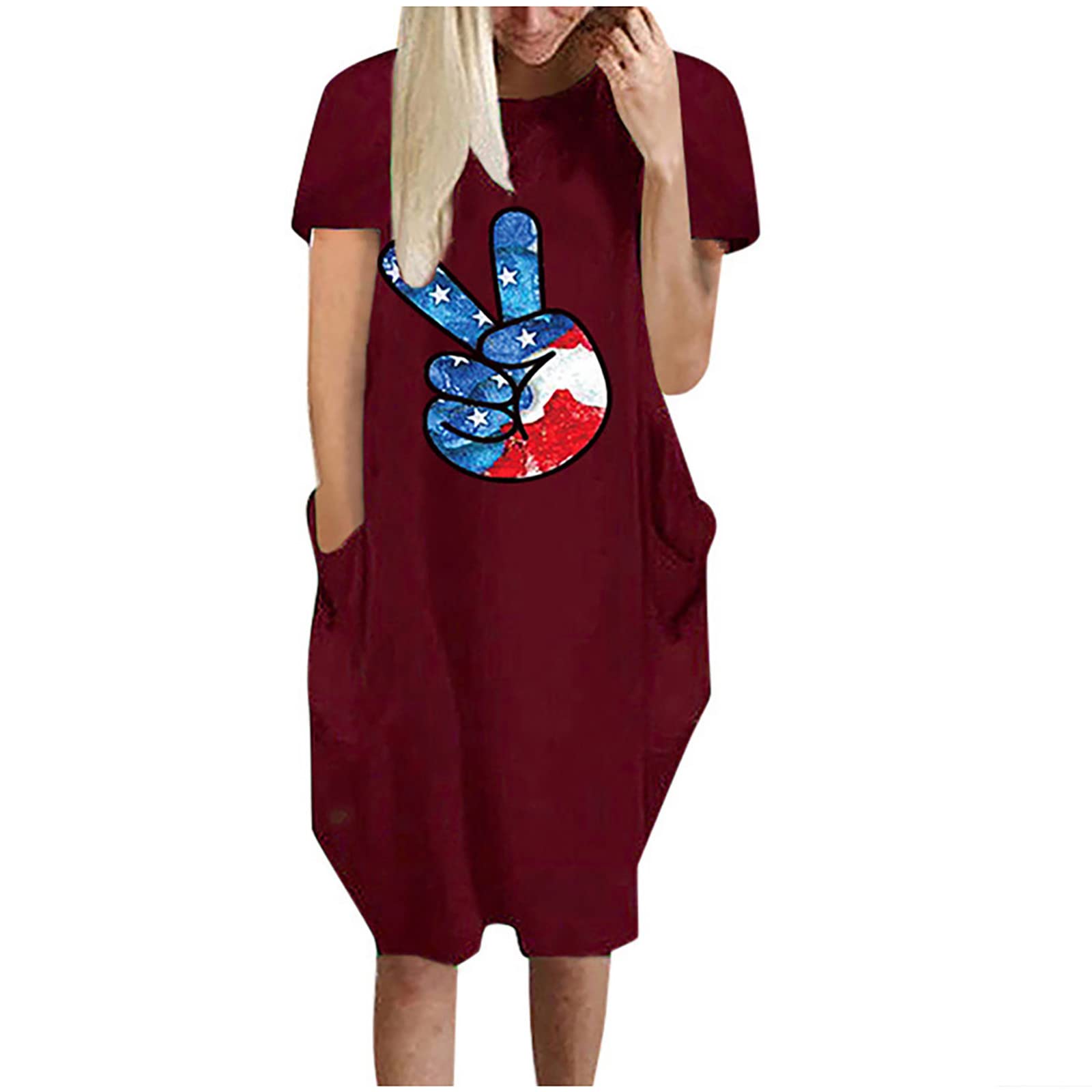 Women's American Flag Dress - Summer Independence Day Boho Floral Tshirt, Casual Crewneck Beach Top for Patriotic Celebrations and Outdoor Events