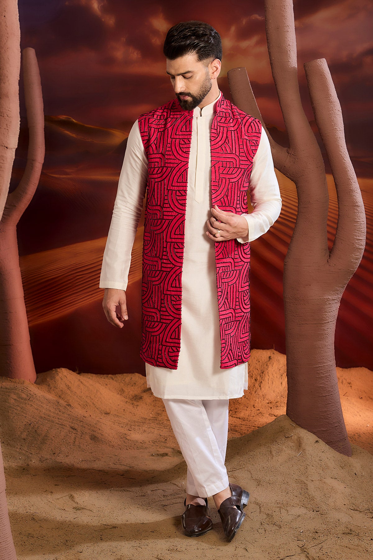 Elegant Hot Pink Geometric Embroidered Long Open Shrug - Perfect for Weddings, Parties & Evening Events