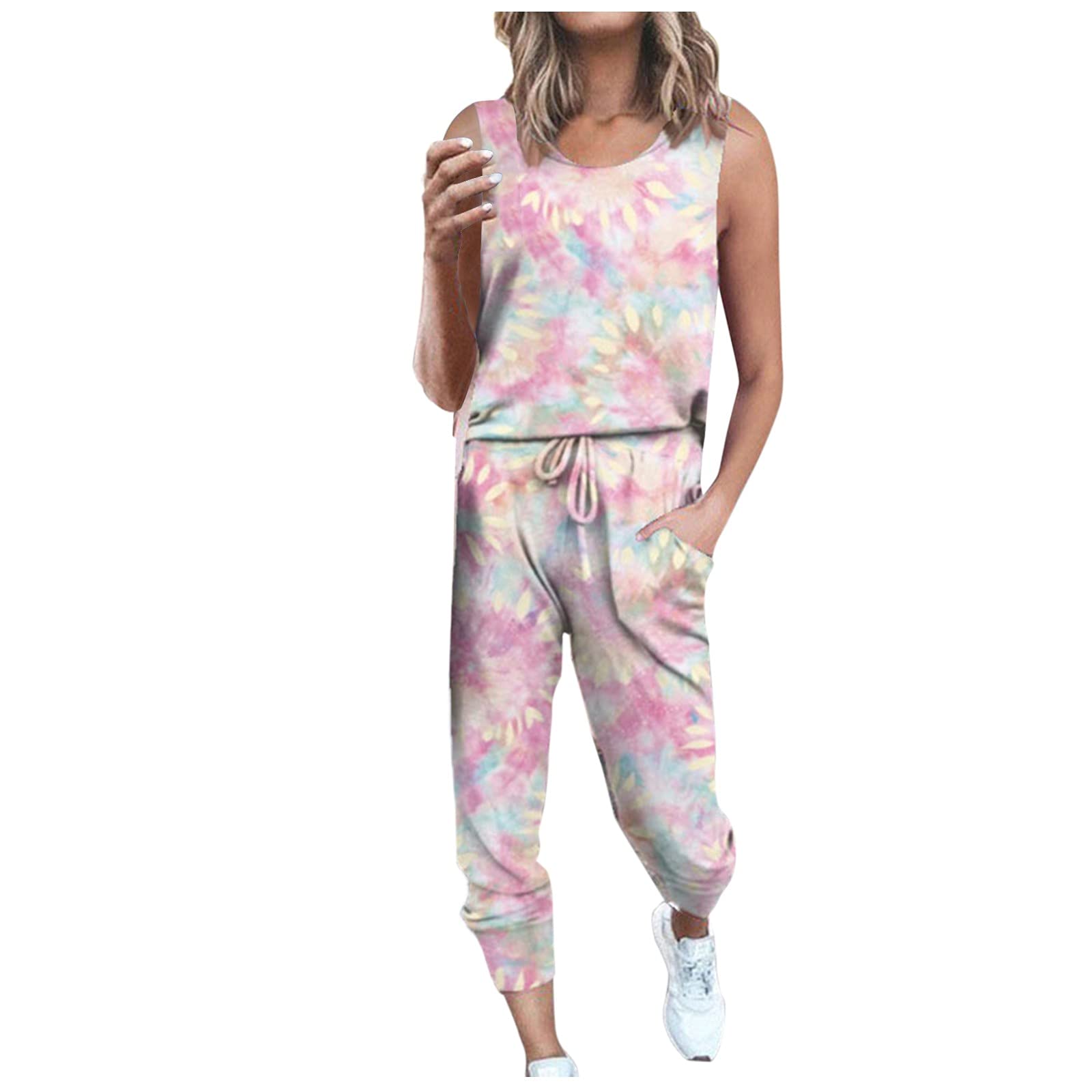 SRTUMEY Women's Tie-Dye Vest Suit Set - Sleeveless Round Neck Casual Sports Outfit with Black & Gold Pants | Perfect for Yoga, Gym, Beachwear and Summer Fashion