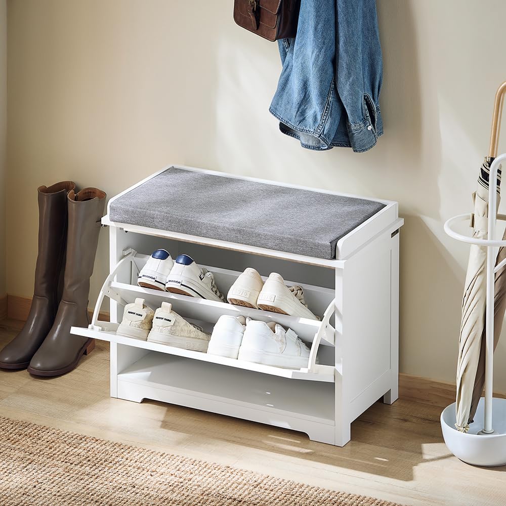 SoBuy Small Storage Bench with Seat Cushion - Narrow Shoe Cabinet with 1 Drawer for Entryway, Apartment, Living Room - White (FSR184-K-W) - Perfect for Organizing Shoes, Hats & Accessories in Small Spaces