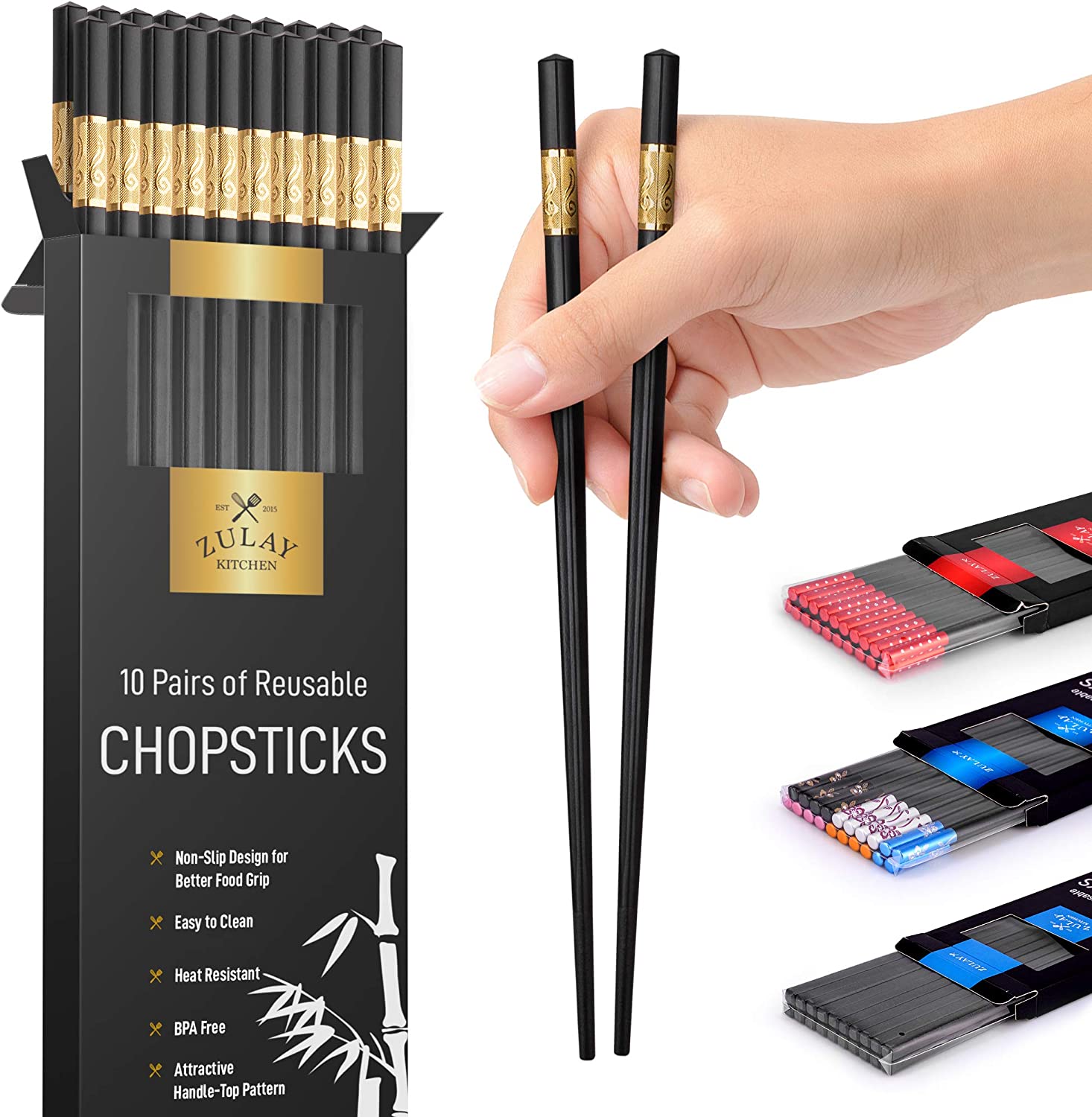 10 Pairs Japanese Fiberglass Chopsticks - Reusable, Durable & Eco-Friendly Kitchen Utensils for Sushi, Ramen, Asian Cuisine & Home Dining