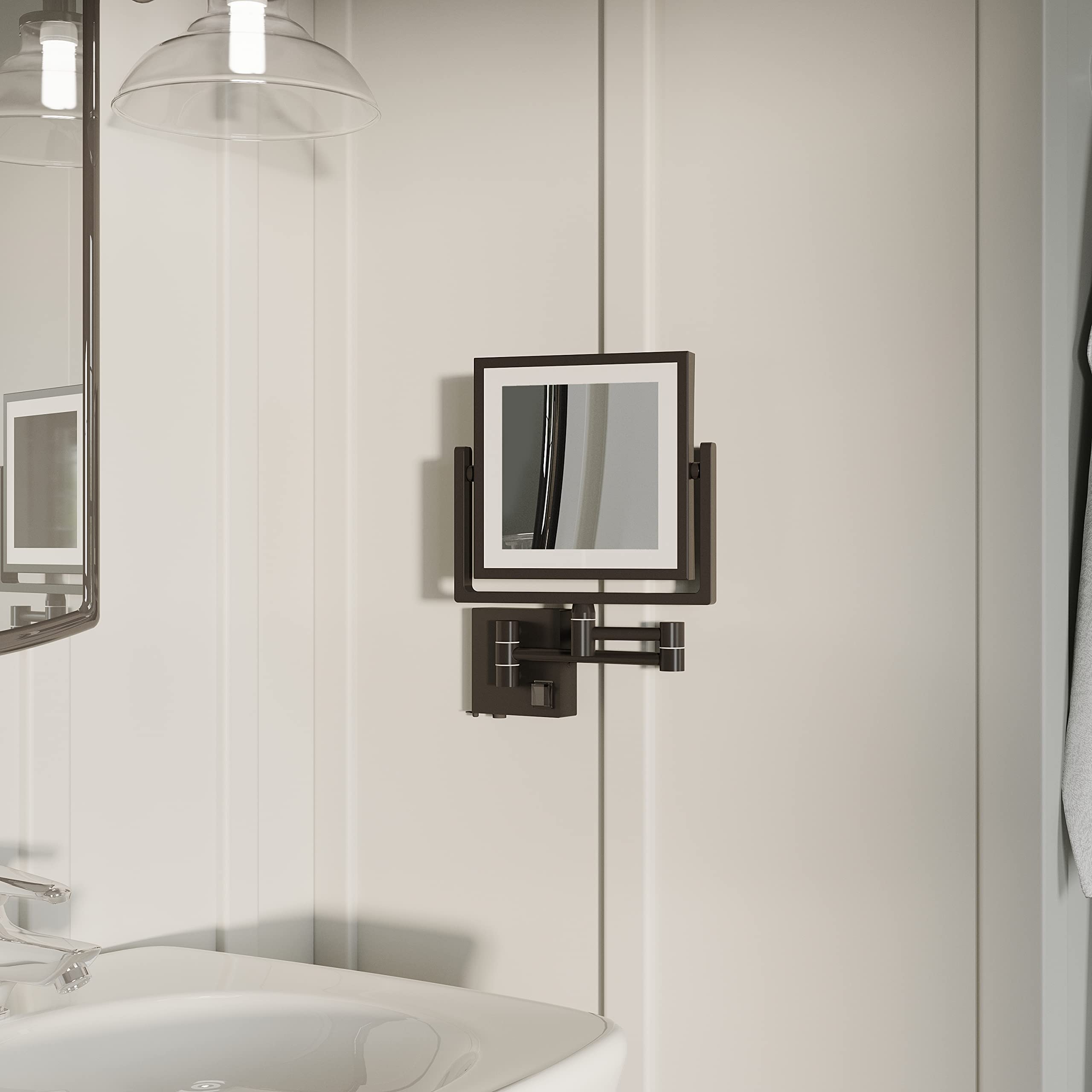 Rechargeable Makeup Mirror with Lights - 8 Inch Double Sided Vanity Mirror (1x/3x Magnification) - Matte Black, Stainless Steel & Zinc Alloy - Wall Mounted LED Magnifying Mirror for Bathroom, Bedroom, Dressing Room