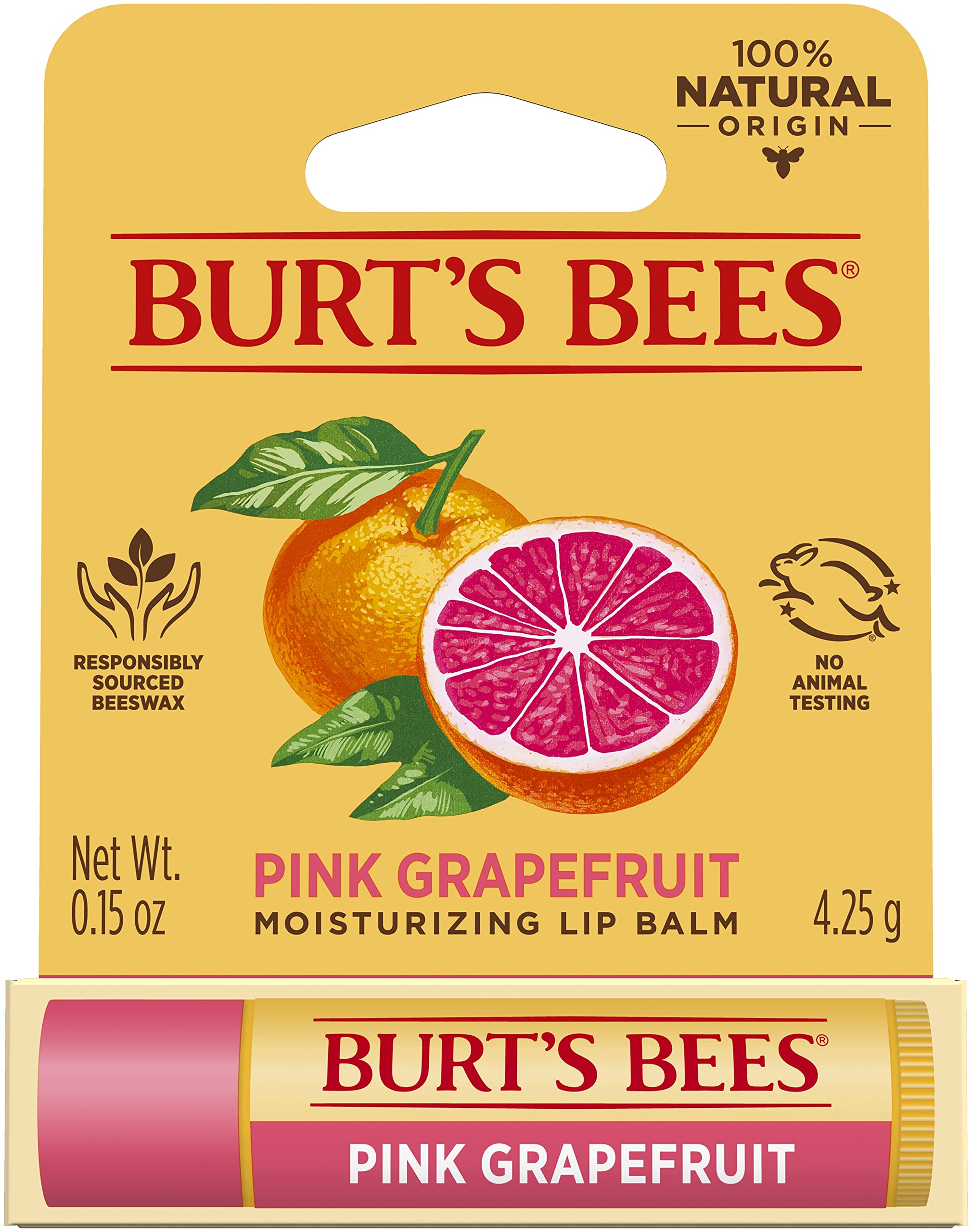 Burt's Bees 100% Natural Moisturizing Lip Balm with Beeswax & Fruit Extracts, Pink Grapefruit Flavor - Hydrating & Nourishing Lip Care (1 Tube) | Perfect for Dry Lips, Daily Use & On-The-Go Moisture