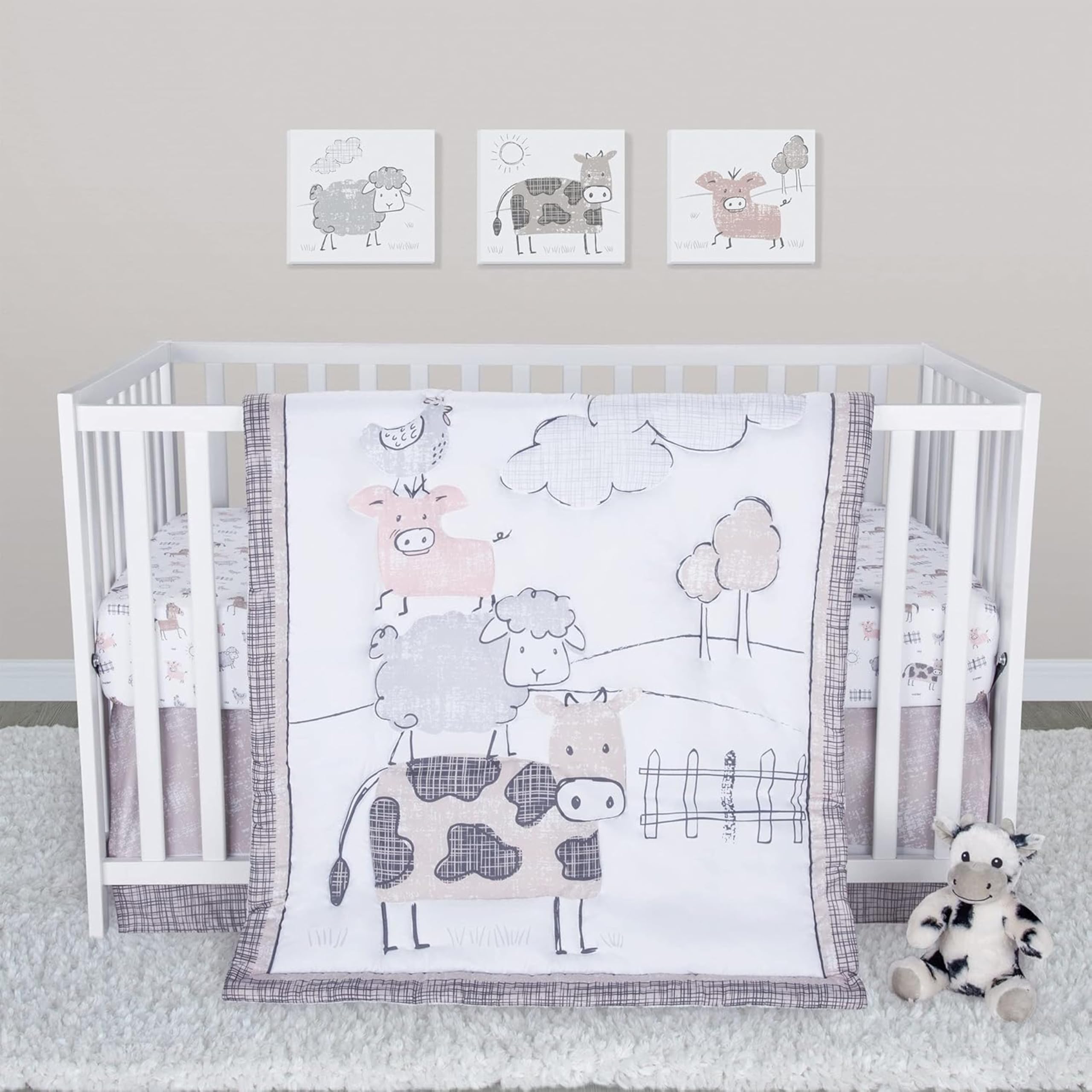 Sammy & Lou Cottage Farm 4-Piece Baby Crib Bedding Set - Soft Quilt, Fitted Crib Sheets, Crib Skirt & Plush Toy | Neutral Nursery Decor for Boys & Girls | Perfect for Newborns, Baby Showers & Nursery Room Decor