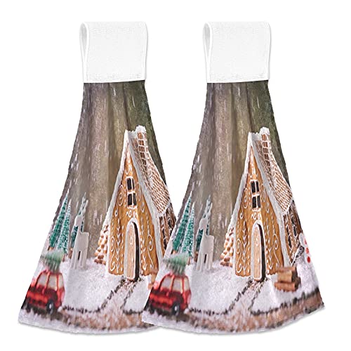 Christmas Gingerbread House Kitchen Hand Towels - 2PCS Soft Super Absorbent Dish Towels with Hanging Loop for Kitchen, Bathroom, Guest Room & Hotel Use - Perfect Holiday Decor & Practical Cleaning Towel Set
