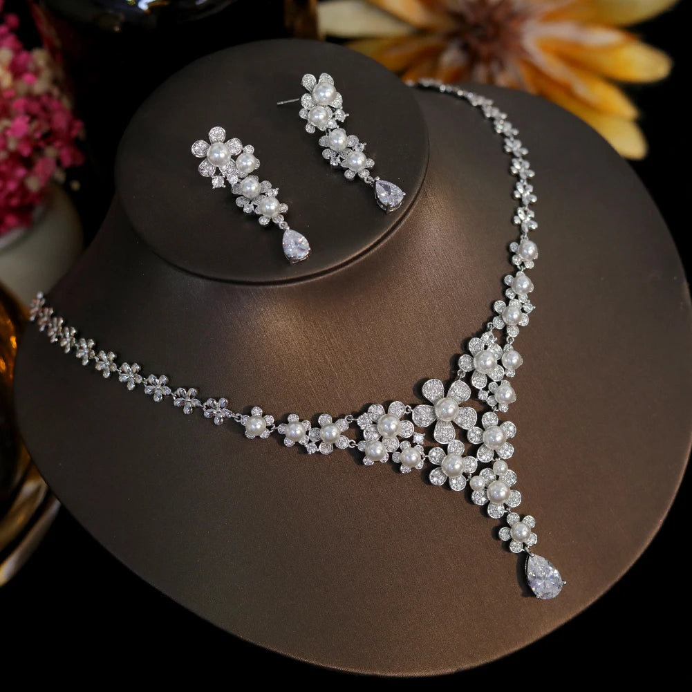 Bridal Pearl Jewelry Set with Zirconia Flower Necklace and Earrings - Elegant Wedding Accessories for Bride, Bridesmaid & Formal Occasions