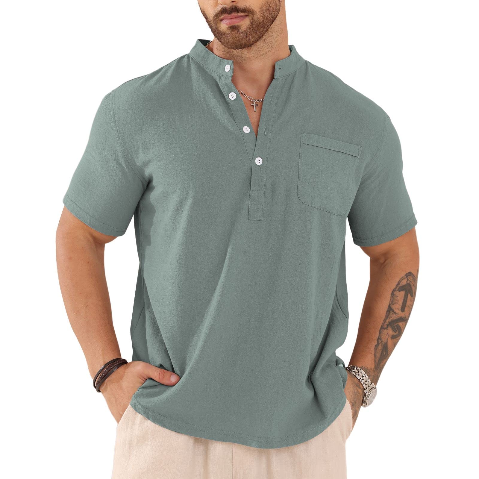 SEGANUP Men's Cotton Linen Blend Henley Shirt - Breathable V-Neck Short Sleeve T-Shirt for Beach, Summer & Casual Wear | Lightweight Hippie Style Bamboo Fabric Top for Outdoor Activities & Vacation