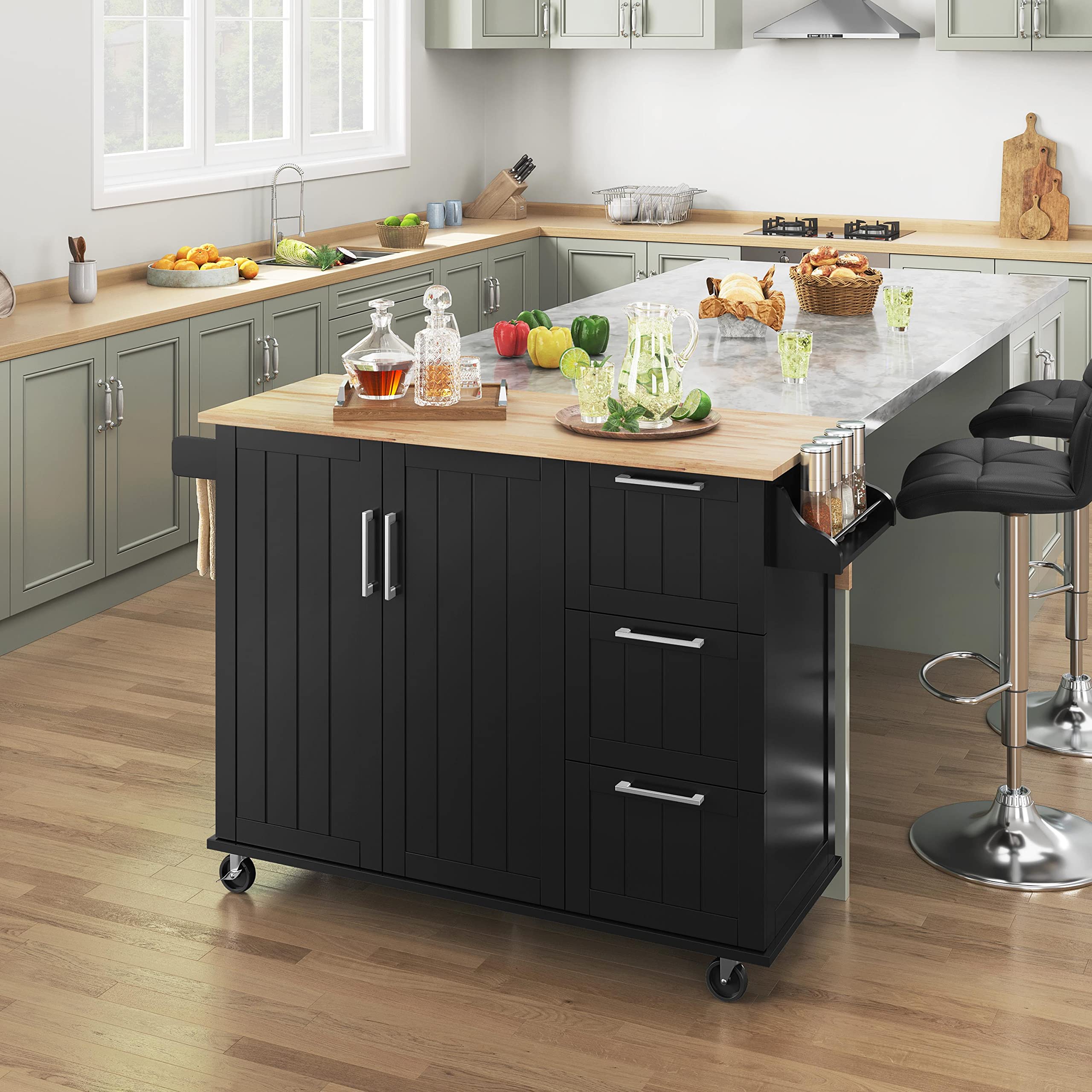 Topeakmart Black Mobile Kitchen Island with Foldable Countertop - Kitchen Cart with Storage Cabinet, 3 Drawers & Spice Rack - Perfect for Small Kitchens, Dining Rooms & Food Prep Areas
