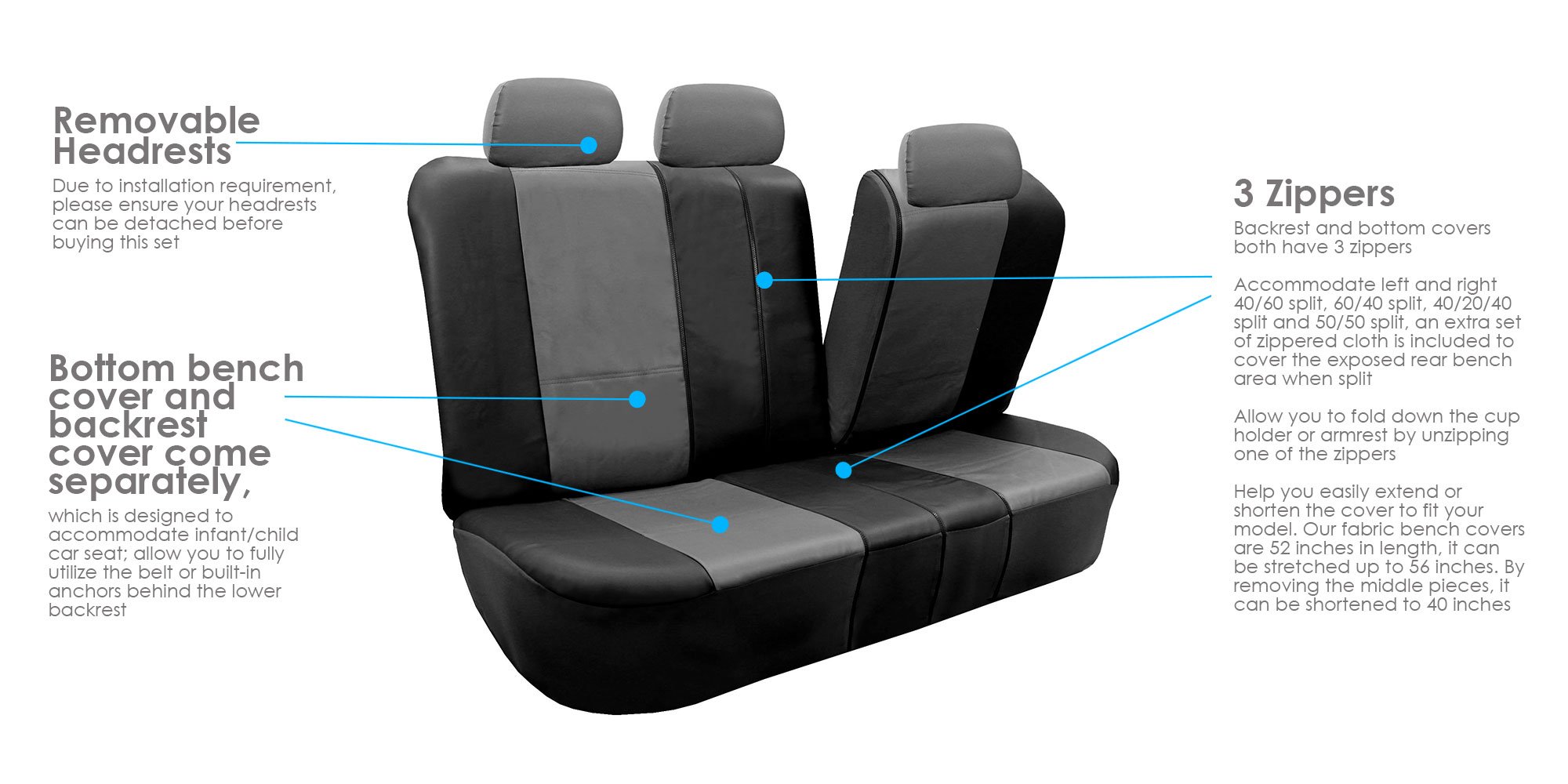 Premium FH Group Leather Car Seat Covers - Classic Split Bench Design in Gray/Black (PU002013) | Universal Fit for Cars, Trucks & SUVs | Waterproof & Comfortable for Daily Commute & Road Trips