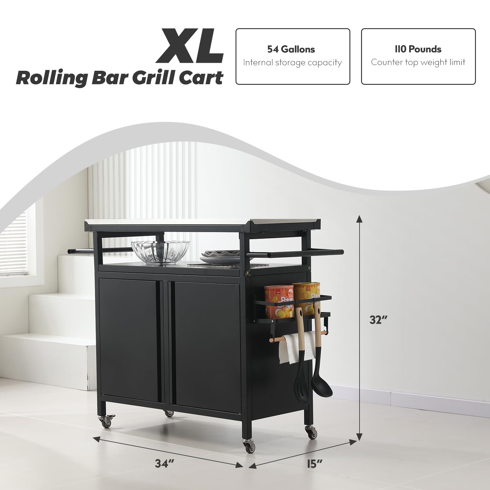 XL Rolling Bar Grill Cart - Outdoor Patio Furniture with Stainless Steel Top | Kitchen Prep & Grilling Accessories Storage Cabinet | Perfect for Backyard BBQs, Tailgating & Outdoor Entertaining - Black