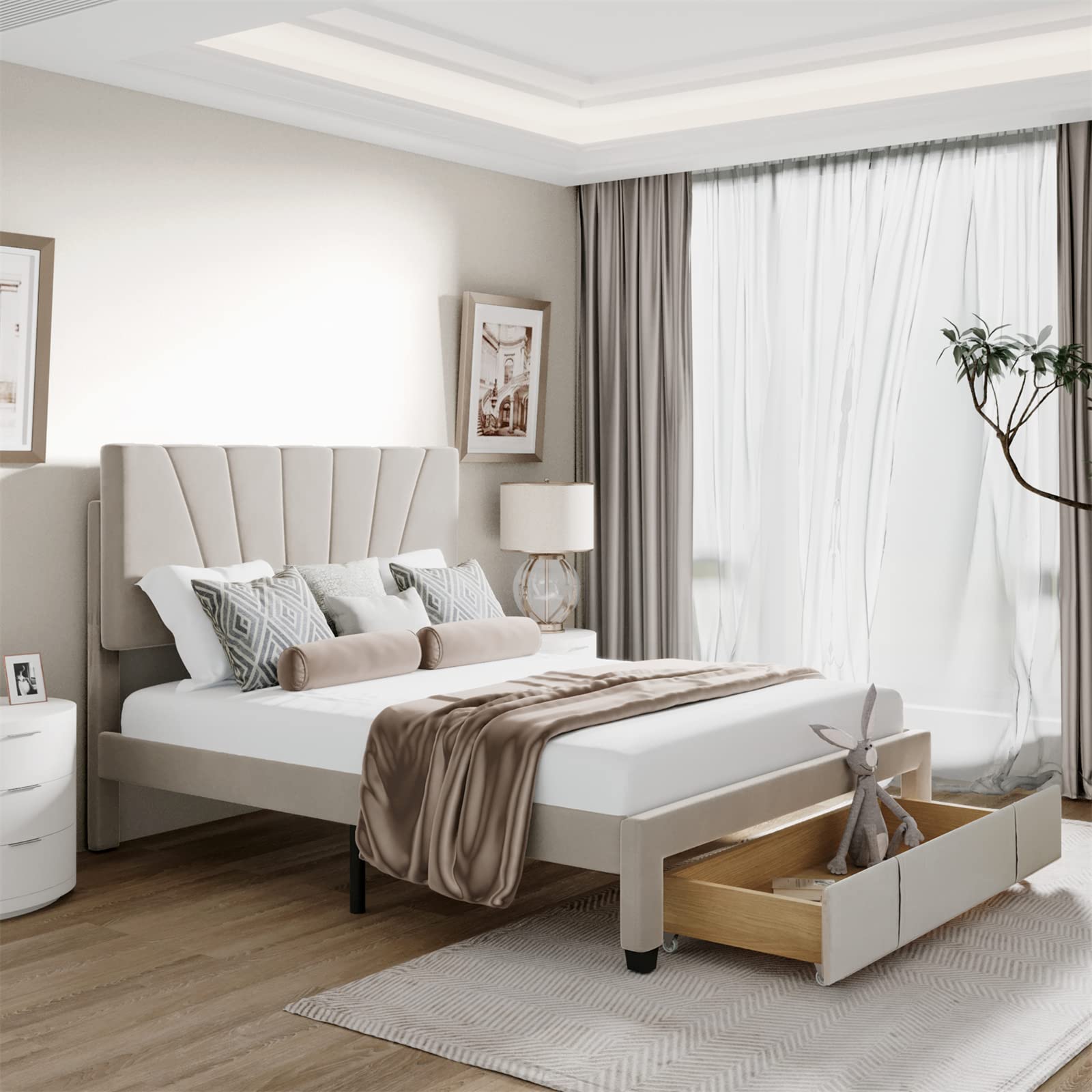 TRIPLE TREE Queen Size Storage Bed Frame - Modern Velvet Upholstered Platform Bed with Adjustable Headboard & Large Drawers | Sturdy Wood Slat Support | No Box Spring Required | Beige Luxury Bedroom Furniture | Perfect for Small Spaces & Master Bedrooms