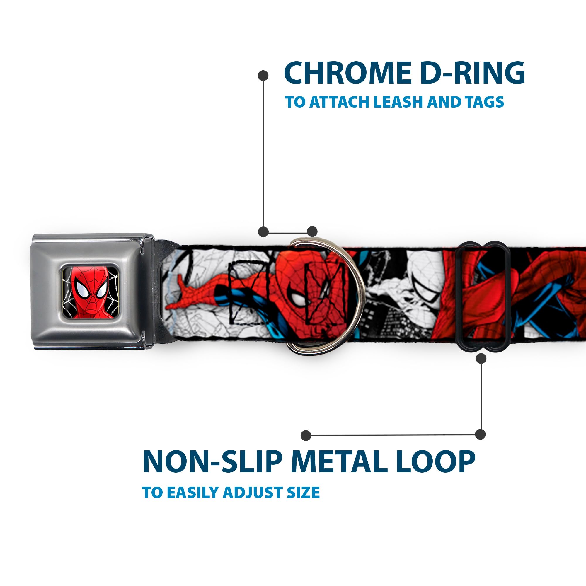 Spider Man Dog Collar with Seatbelt Buckle - 18 to 32 Inches Adjustable Pet Collar - 1.5 Inch Wide Nylon Dog Collar for Small Medium Large Dogs - White Black Red Comic Design - Perfect for Cosplay, Comic Con & Superhero Themed Events