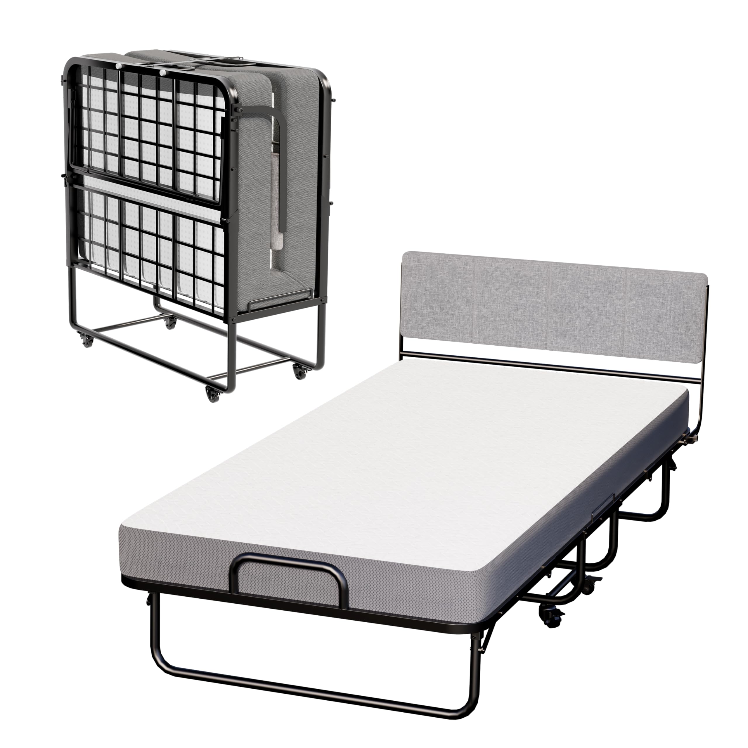 75 x 39 Inch Folding Bed with Headboard - Twin Size Portable Bed Frame with 5