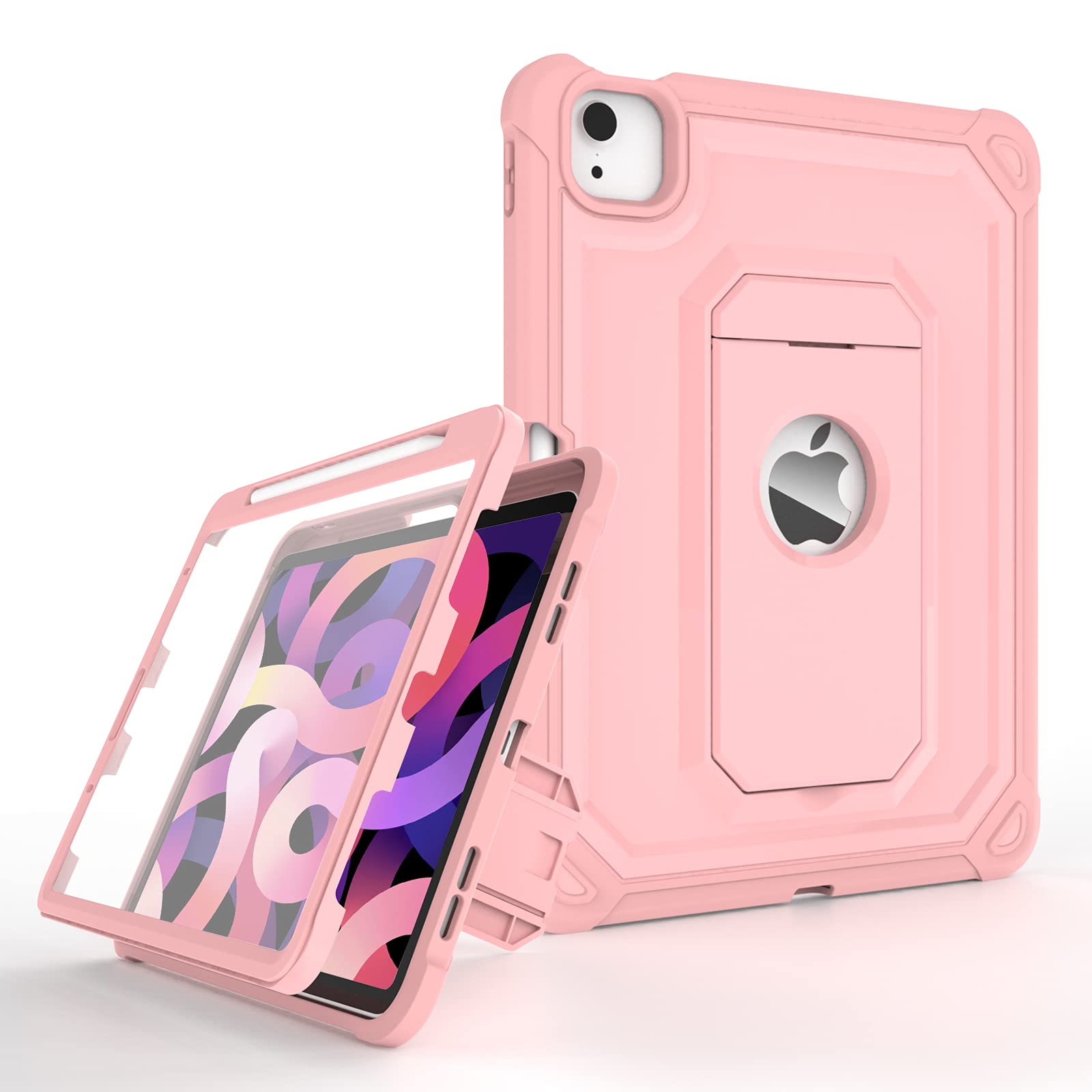**Cantis Clear Shockproof Case for iPad Air 5th/4th Gen 10.9 Inch (2022/2020) - Built-in Screen Protector & Pencil Holder, Dual Layer Protection with Kickstand (Rose Gold) - Perfect for Work, School & Travel**