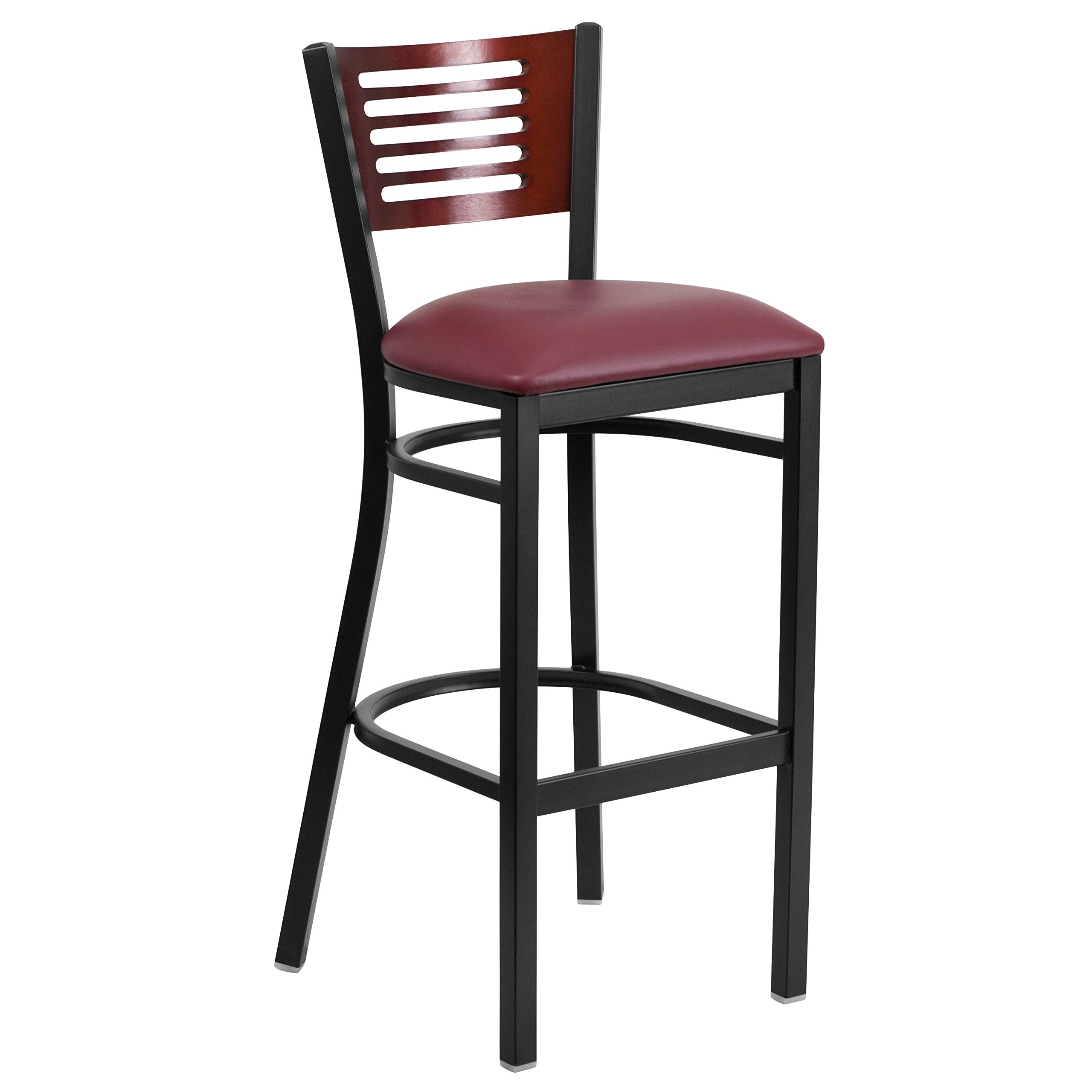 2 Pack Black Slat Back Metal Bar Stools with Mahogany Wood Back & Burgundy Vinyl Seat - Counter Height Stools for Kitchen Island, Bar, Restaurant & Home Decor