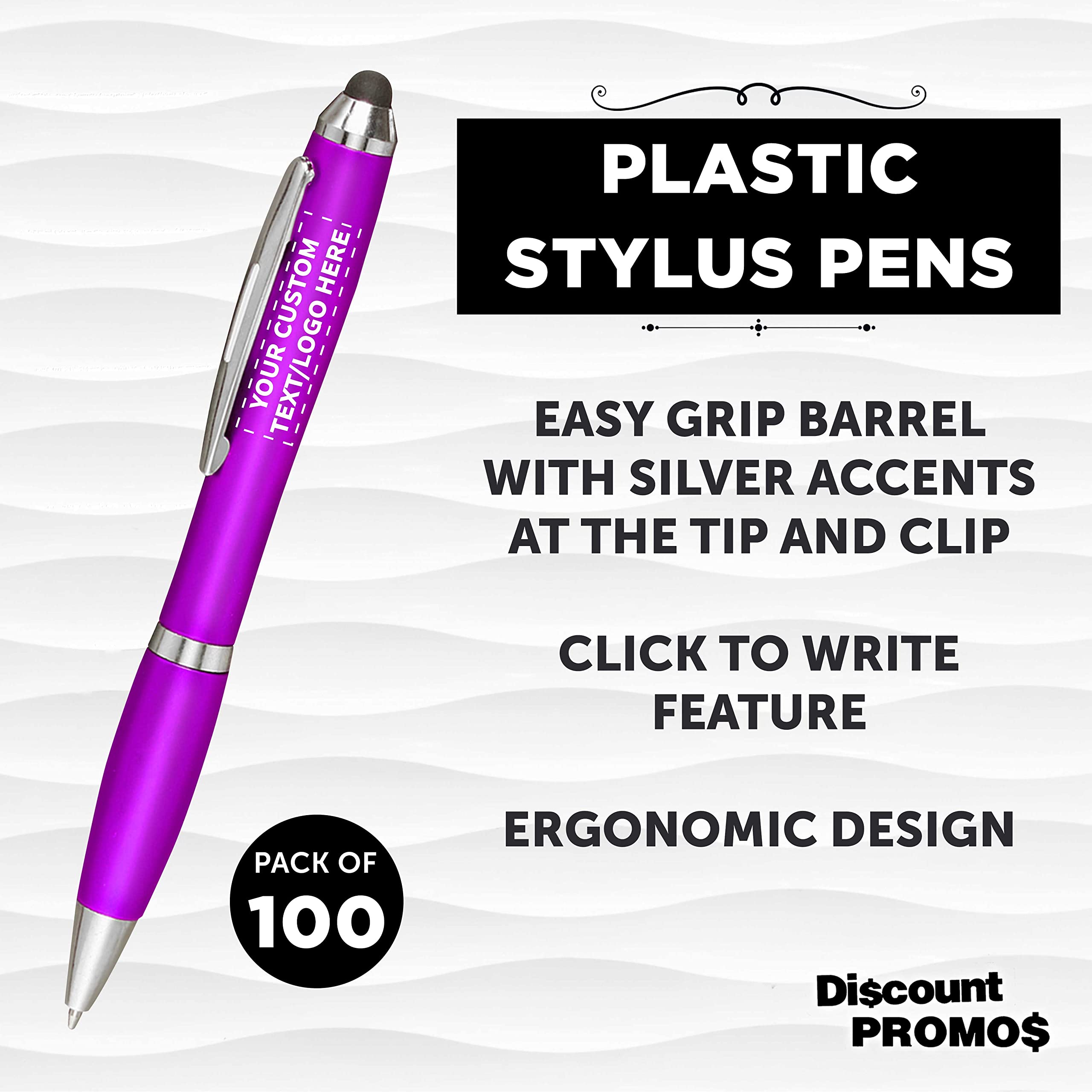 Custom Plastic Stylus Pens - Bulk Pack of 100 with Black Ink, Personalized for Office, School & Business Use - Perfect for Tradeshows, Events & Digital Devices (Purple)