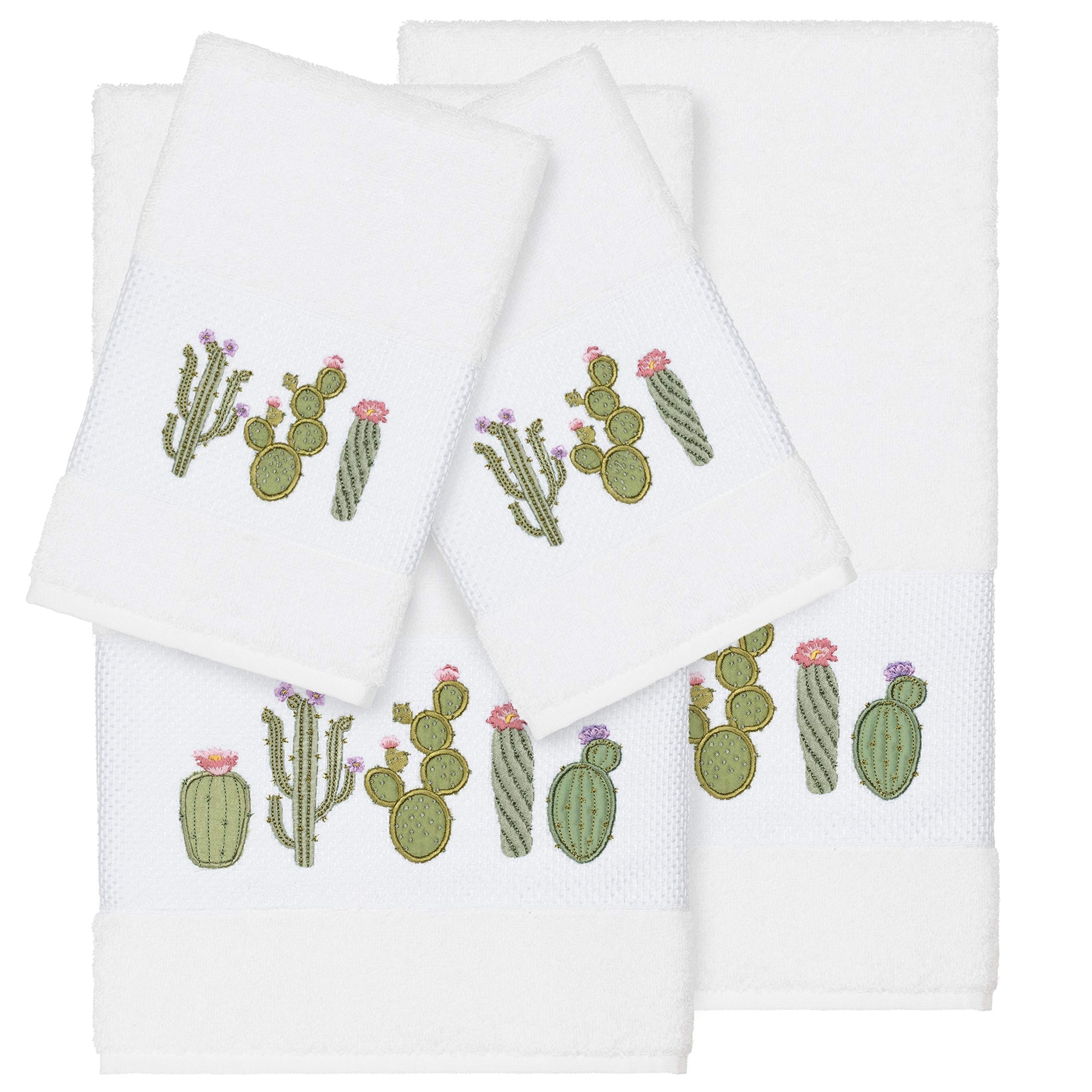 Premium Turkish Cotton Cactus Embroidered White 4-Piece Bath Towel Set - Soft & Absorbent for Bathroom, Spa, and Beach Use