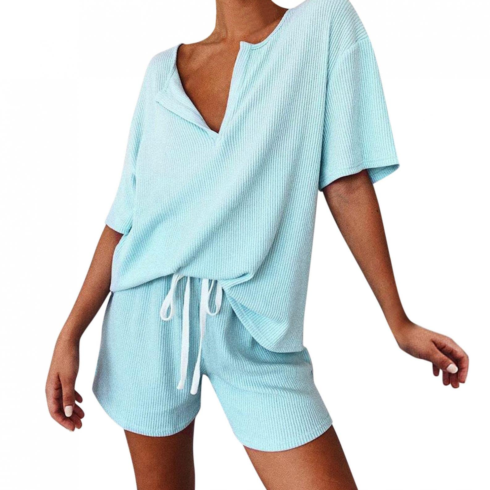 FUNEY Women's Waffle Ribbed Knit Pajama Set - Soft Sleepwear 2 Piece Short Sleeve Top & Shorts - Cozy Loungewear for Home, Yoga & Relaxation - Breathable Athletic Tracksuit for Summer Nights