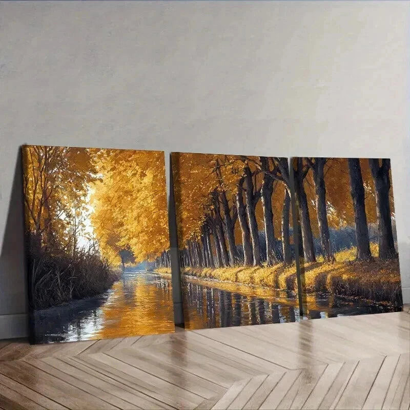3-Piece Golden Autumn River Trees Wall Art Set - Framed Canvas 50x70cm (20x28in) - High Quality Print - 100% Australian Made - Ready to Hang - Perfect for Living Room, Bedroom & Office Decor