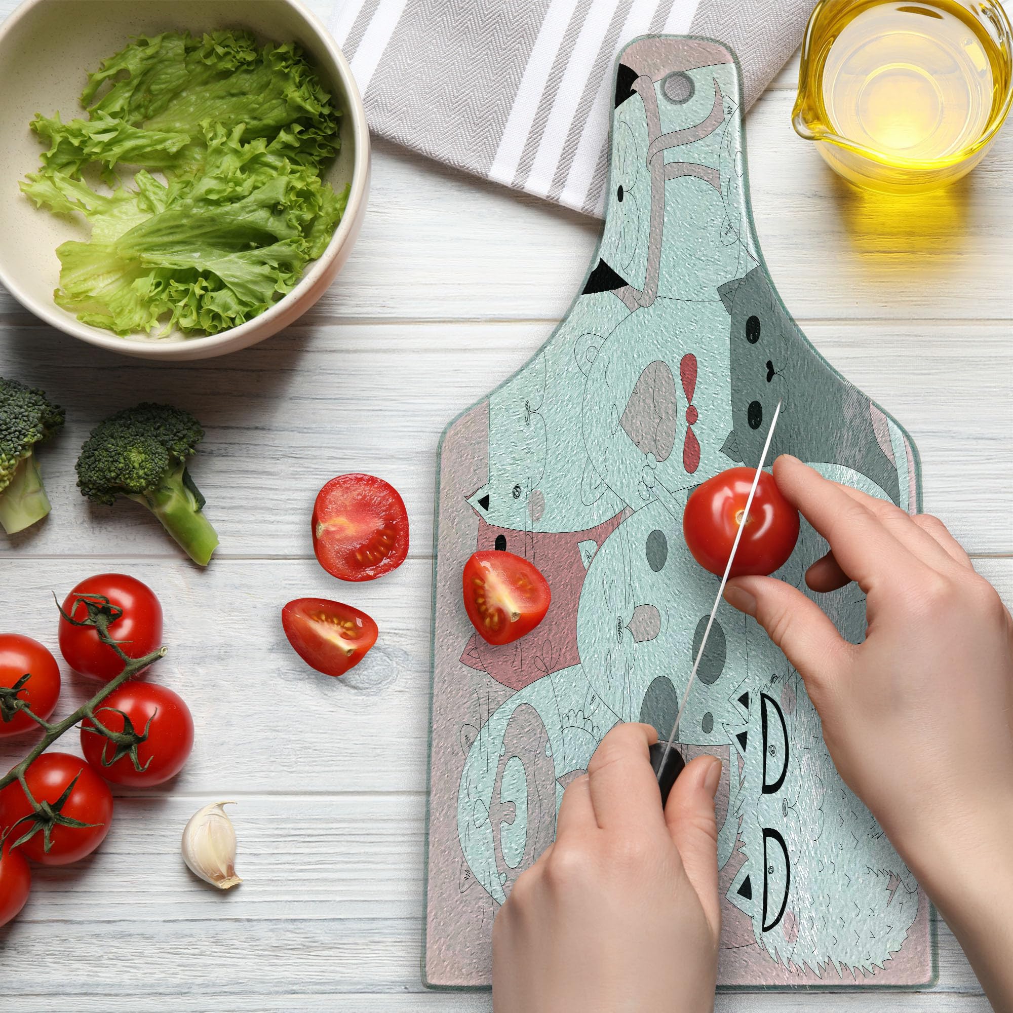 Ambesonne Cat-Themed Tempered Glass Cutting Board - Cute Cartoon Kittens with Funny Smiling Glasses & Scarves Doodle Design - Decorative Serving Board for Kitchen, Cheese, Charcuterie - Wine Bottle Shape in Pale Pink, White & Black - Perfect for Entertaining, Housewarming Gifts & Cat Lovers