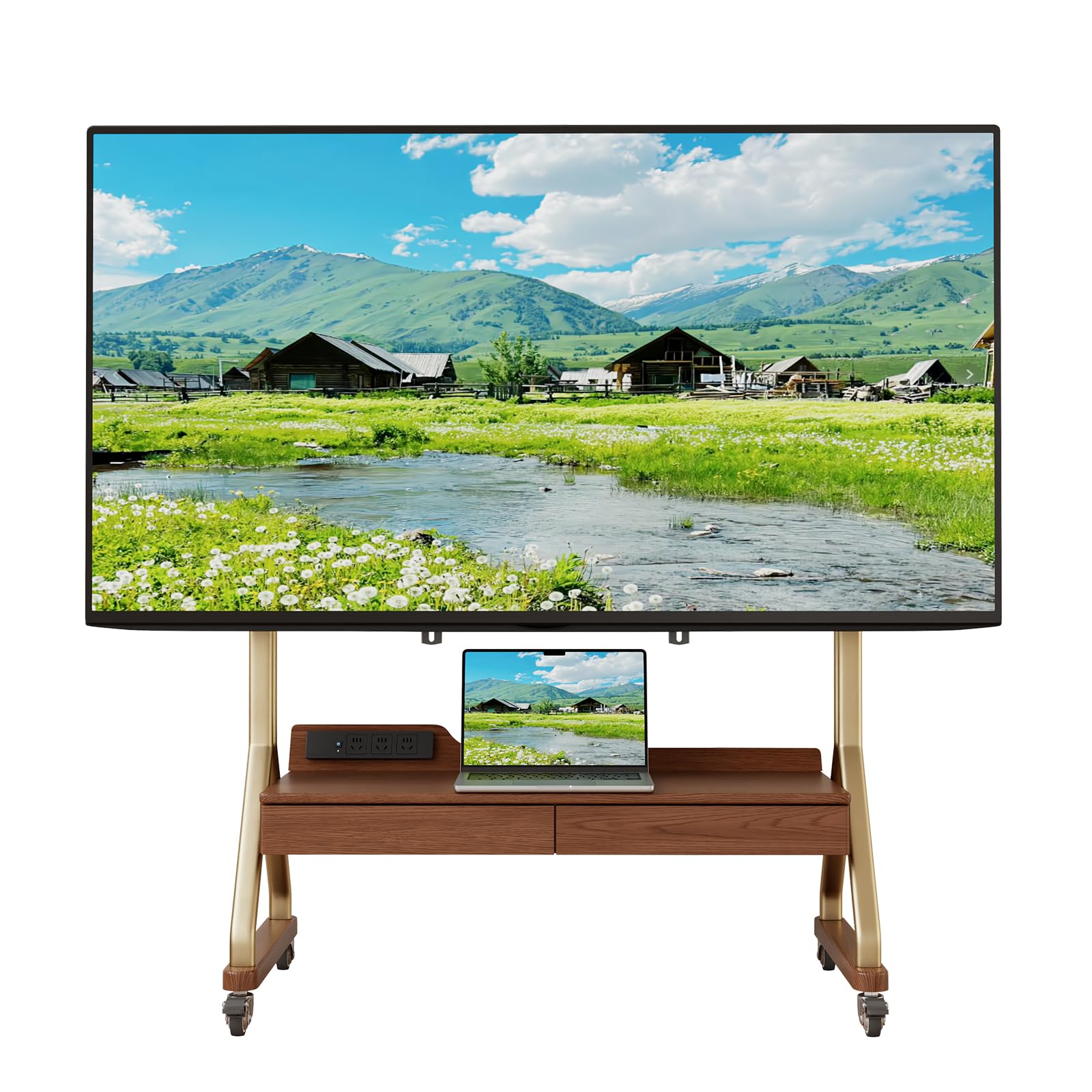 **Solid Wood TV Stand for 40-75 Inch TVs – Heavy Duty 300lbs Capacity, Adjustable Height, Rolling TV Cart with Storage – Modern Entertainment Center for Living Room, Bedroom, Home Theater (Walnut, DSG032)**
