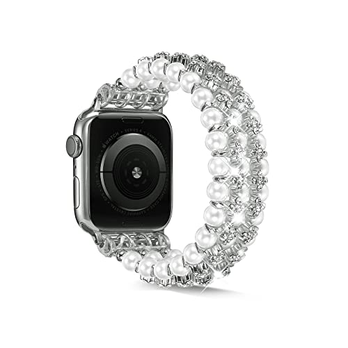 Pearl Apple Watch Band Compatible with 38mm 40mm 41mm 42mm 44mm 45mm 49mm - Fashion Elastic Stretch Beaded Bracelet for Women - iWatch Series 8/7/6/5/4/3/2/1/SE - Perfect for Work, Parties & Special Occasions