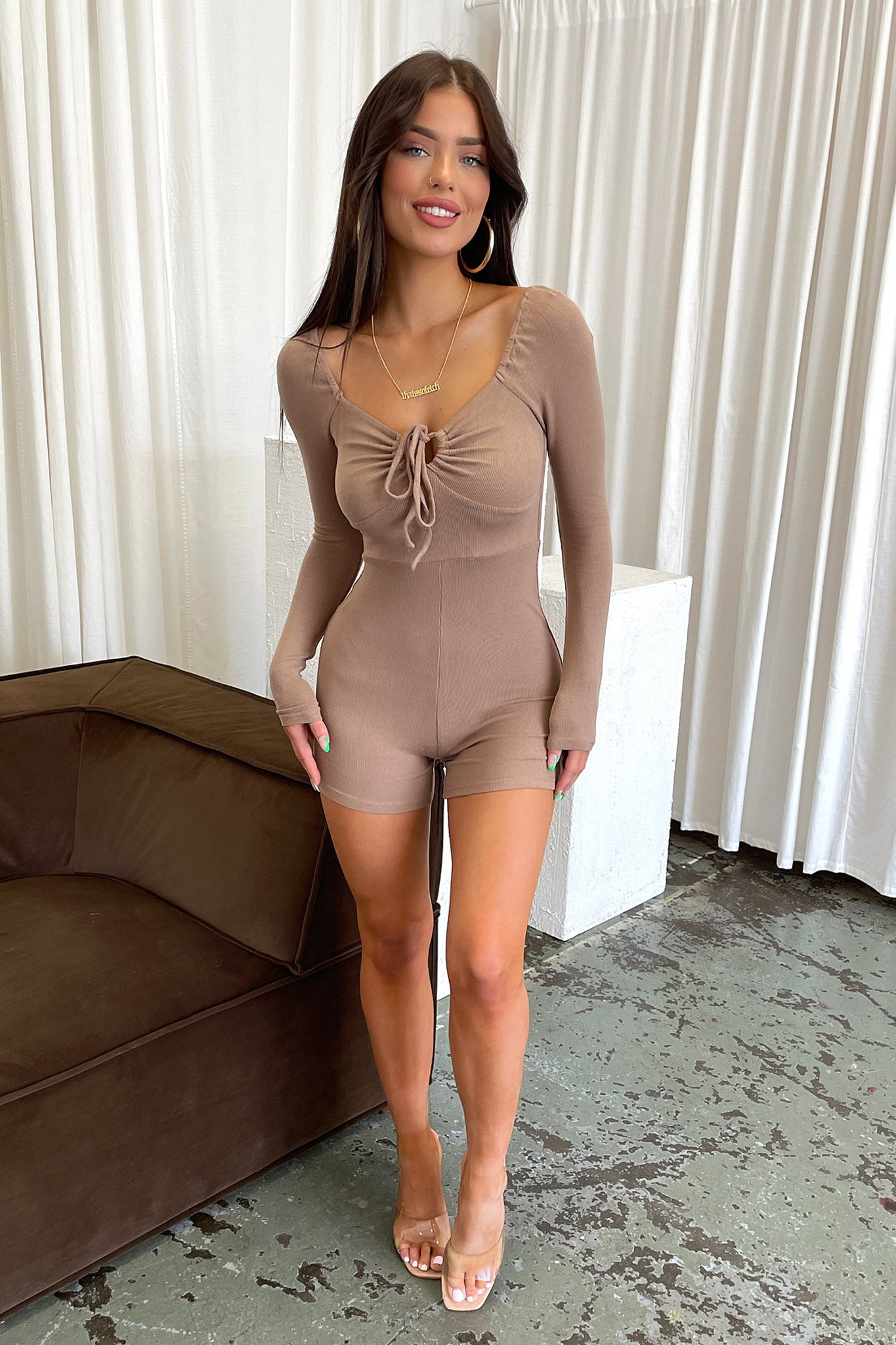 Women's Honey Playsuit in Tan - Floral Print Romper Jumpsuit for Summer Beach Vacation & Outdoor Parties