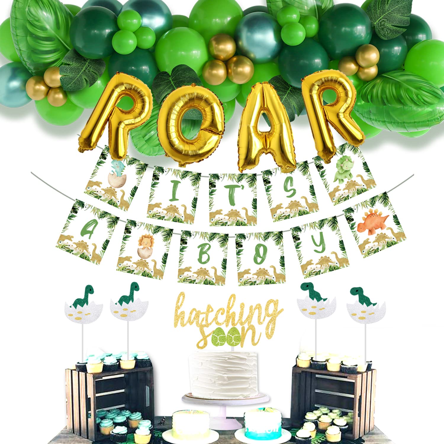 Dinosaur Baby Shower Decorations for Boys - Dinosaur Balloon Garland Arch, Table Decor & Party Supplies | IT'S A BOY Banner & Hatching Soon Cake Topper | Perfect for Dinosaur-Themed Baby Showers, Gender Reveals & Birthday Parties