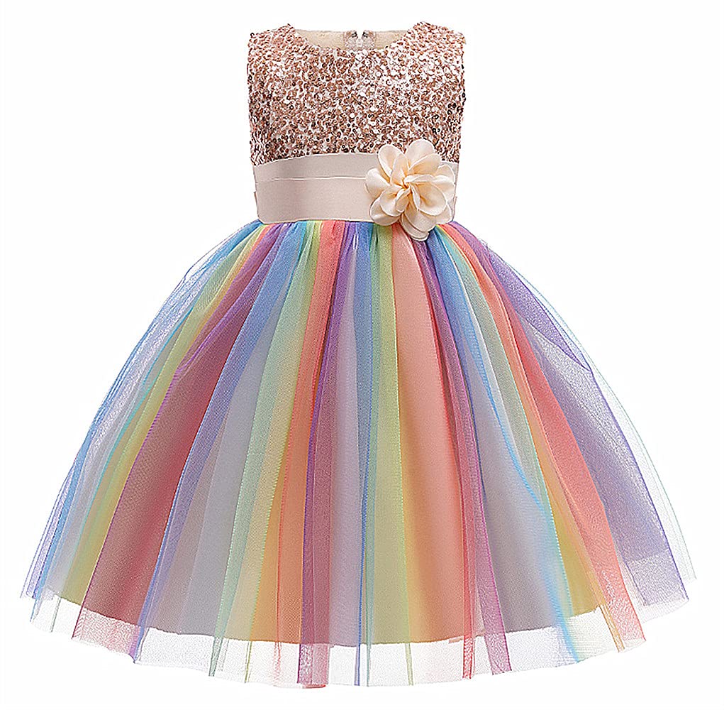Sparkly Rainbow Sequin Flower Girl Dress with Lace & Tulle Ball Gown for Princess Party, Prom, Wedding, Pageant & Special Occasions
