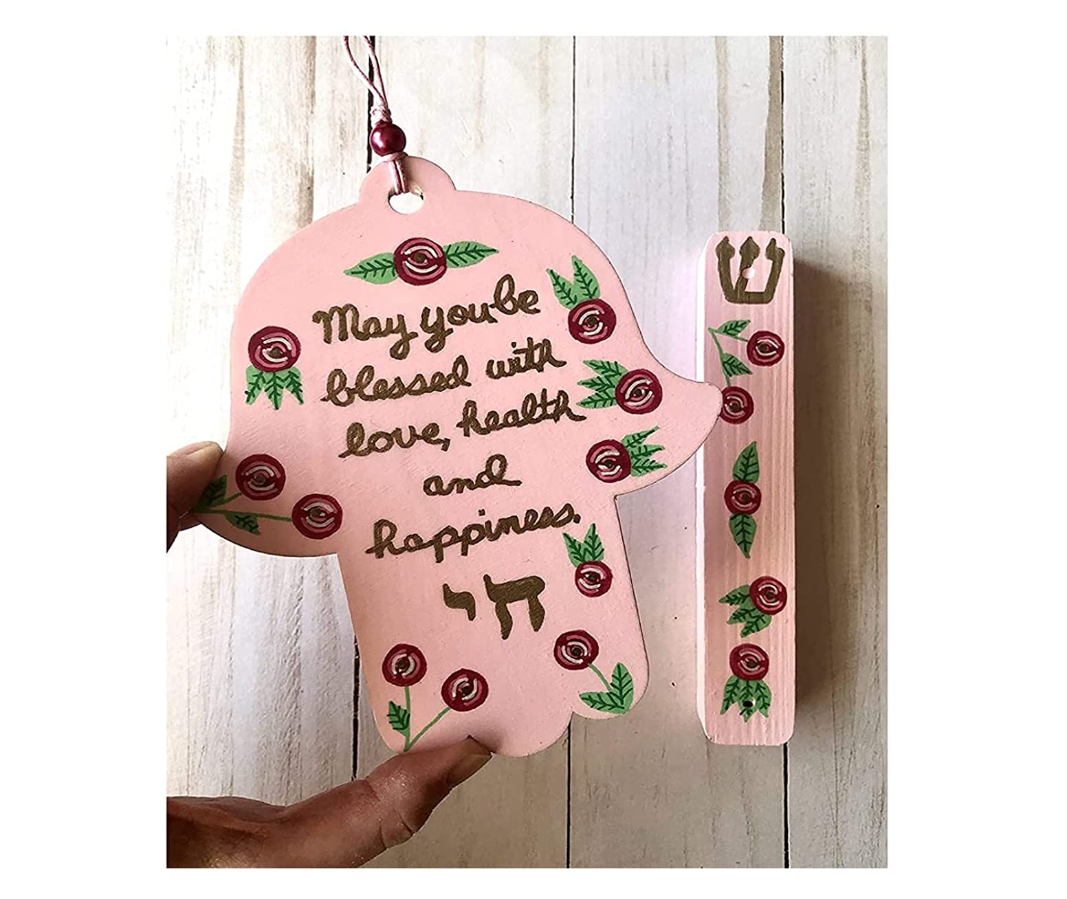 Pink Roses Hamsa Mezuzah Tzedakah Box Set with Kosher Scroll - Jewish Baby Naming Gift for Girls, Housewarming & Spiritual Blessings - Perfect for Synagogue, Home Decor & Jewish Ceremonies