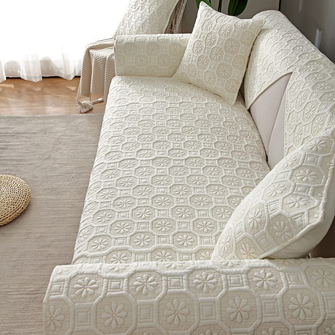 VCTOPS Geometric Embroidery Cotton Sofa Cover - Farmhouse Style Sectional Couch Slipcover for Pets (Dogs & Cats) - Fits L-Shaped, Recliner & Love Seat - Protects Leather Furniture - Armrest & Backrest Cover - Cream Flower Pattern (28x70 Inches) - Perfect for Living Room, Family Room & Pet-Friendly Homes