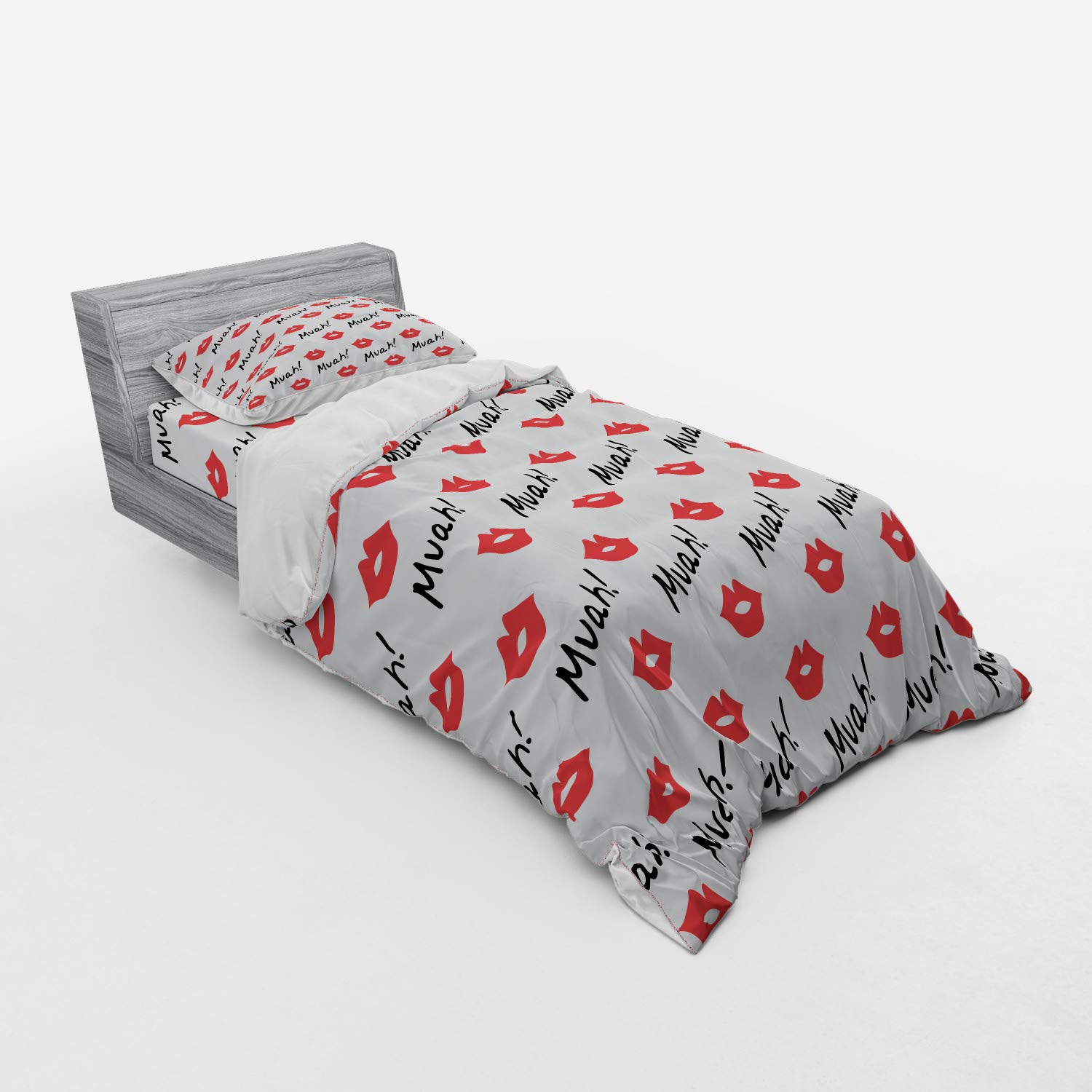 Ambesonne Romantic Red Lips Kiss Marks Bedding Set - 3 Piece Duvet Cover with Sham & Fitted Sheet, Twin XL Size, Vermilion White - Perfect for Valentine's Day, Anniversary Gifts & Feminine Bedroom Decor