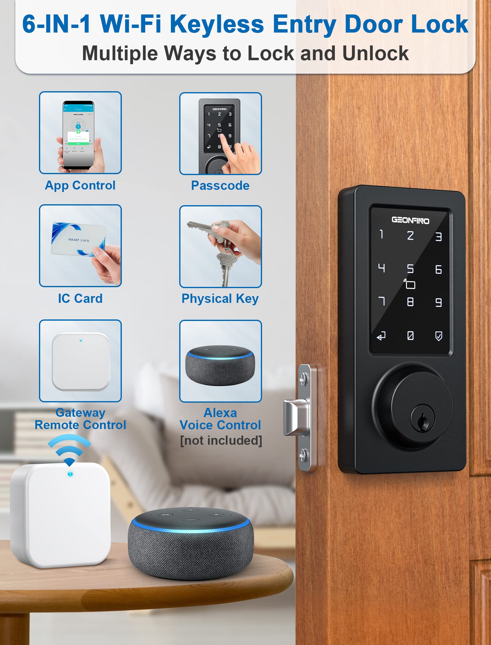 GEONFINO Smart Lock with WiFi & Bluetooth - Keyless Entry, Touchscreen Keypad, Auto Lock & Alexa Voice Control - Secure Your Home (Black) - Perfect for Smart Homes, Vacation Rentals & Airbnb Properties