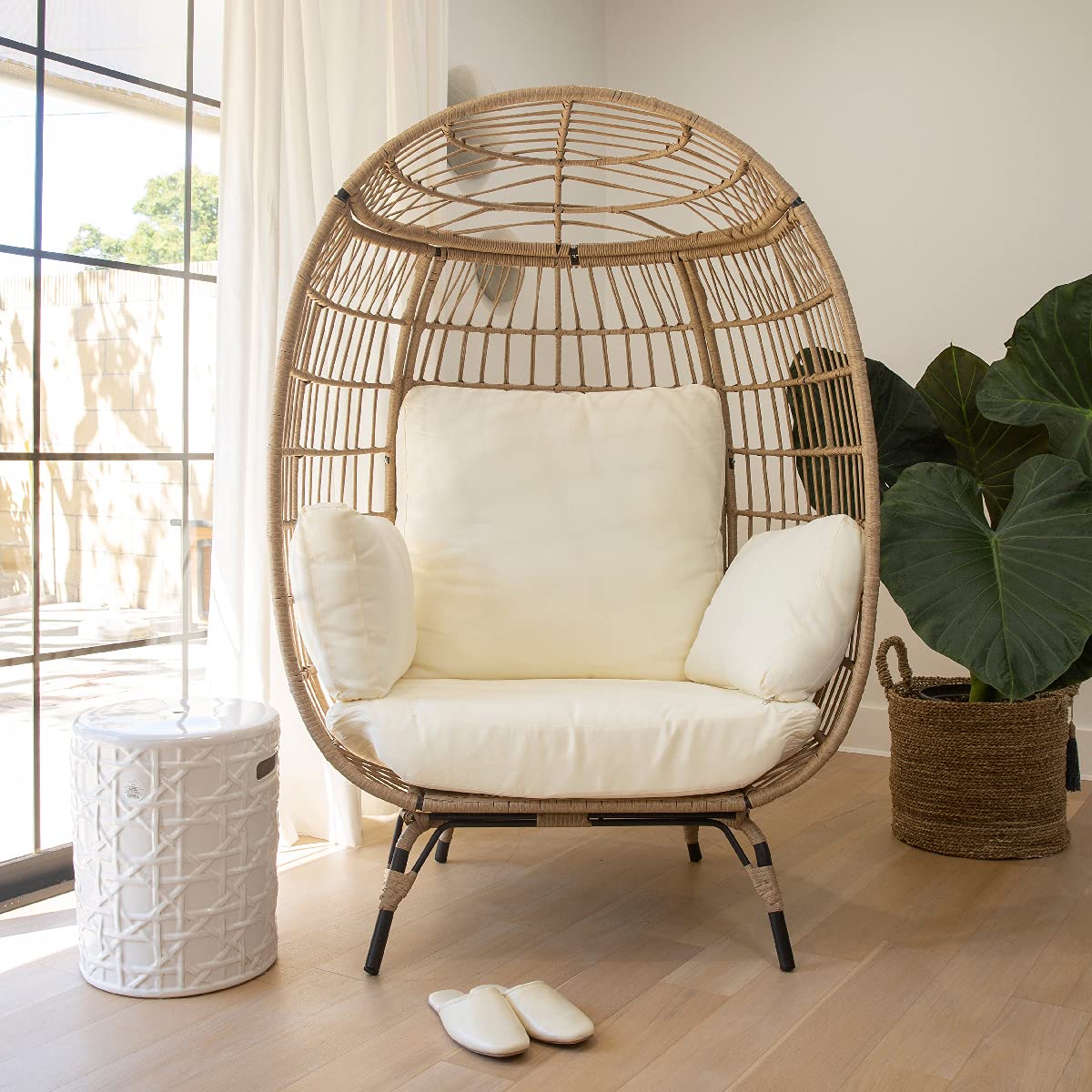 **Barton Oversized Egg Chair Cushion - Wicker Basket Chair with Canopy, Stationary Egg Seat for Patio, Outdoor Lounge, Garden, or Balcony - Beige**