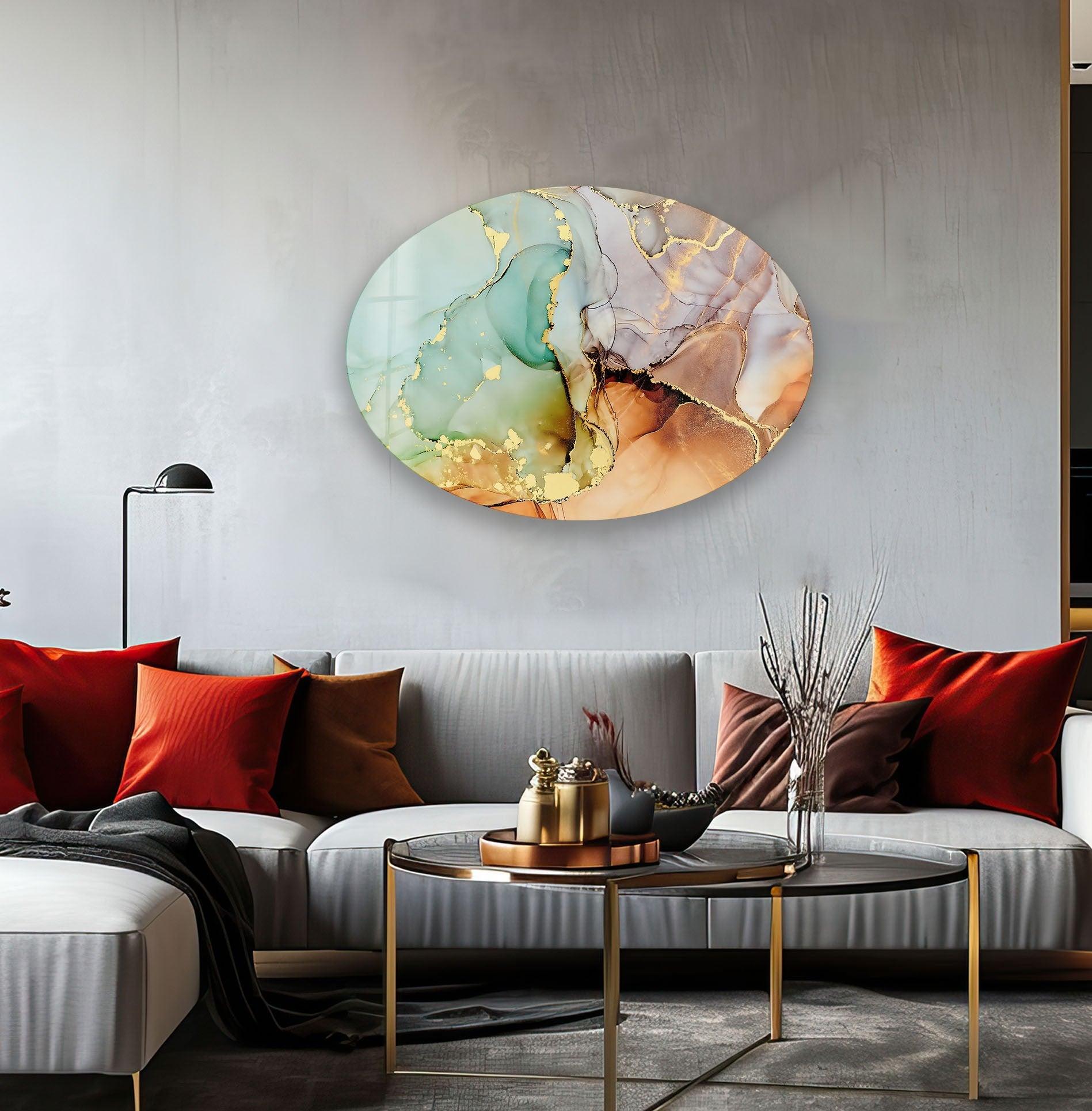Abstract Golden Marble Glass Wall Art - Modern Asymmetric Oval Design for Living Room, Bedroom & Office Decor | Handmade Contemporary Home Wall Decor