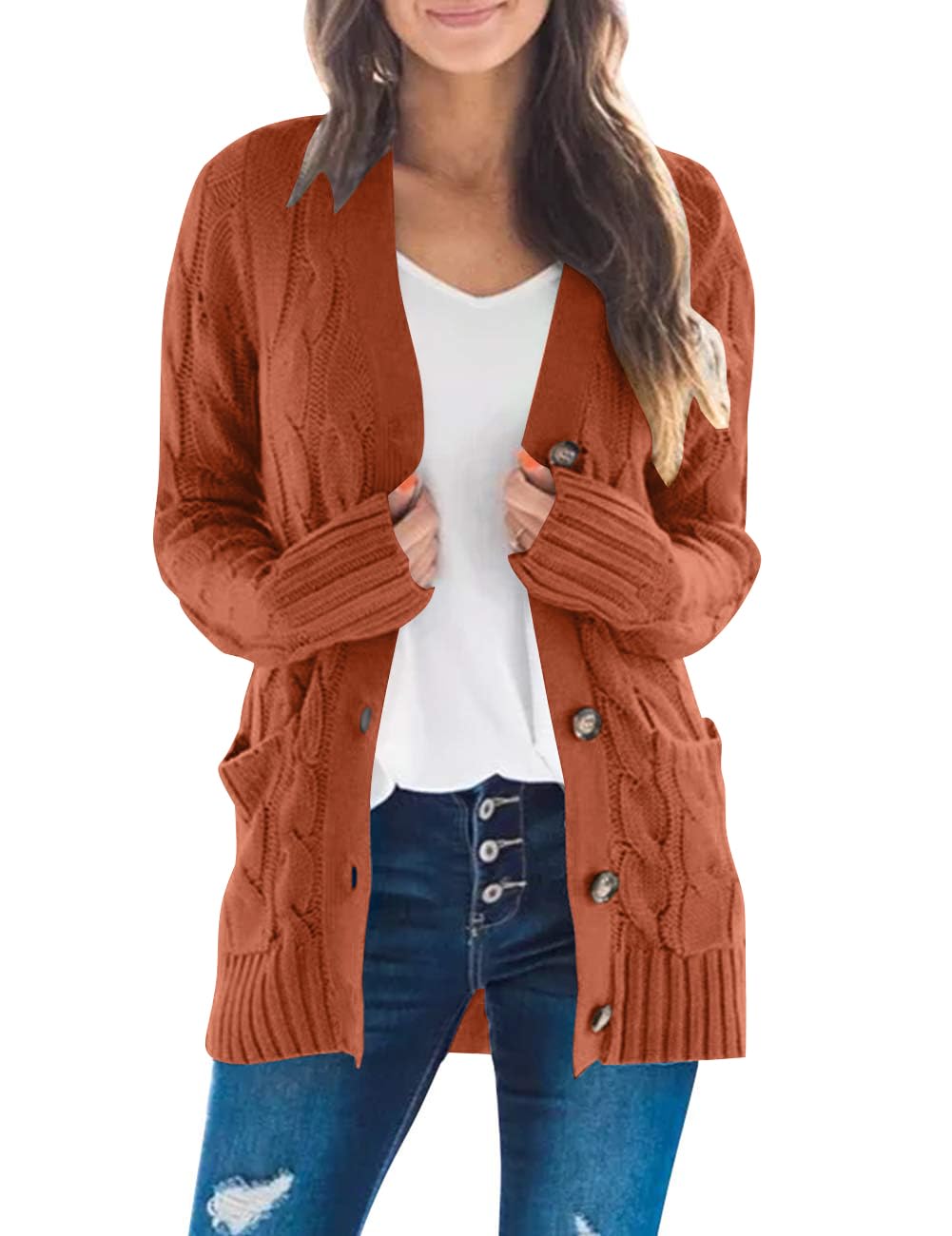 MEROKEETY Women's 2025 Fall Long Sleeve Cable Knit Cardigan Sweater - Open Front Button Down Loose Fit Outerwear for Casual Wear, Office & Autumn Outfits