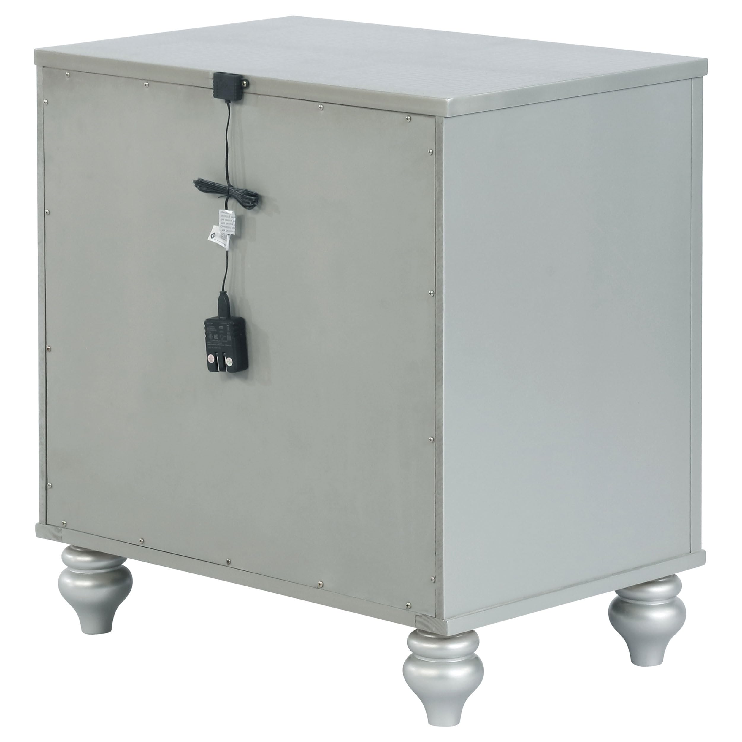 Modern Wood Nightstand with 2 Drawers & USB Charging Port - Silver Metallic Bedside Table for Bedroom Storage | Coaster Home Furnishings Gunnison Collection | Perfect for Small Spaces, Apartment Living & Guest Rooms
