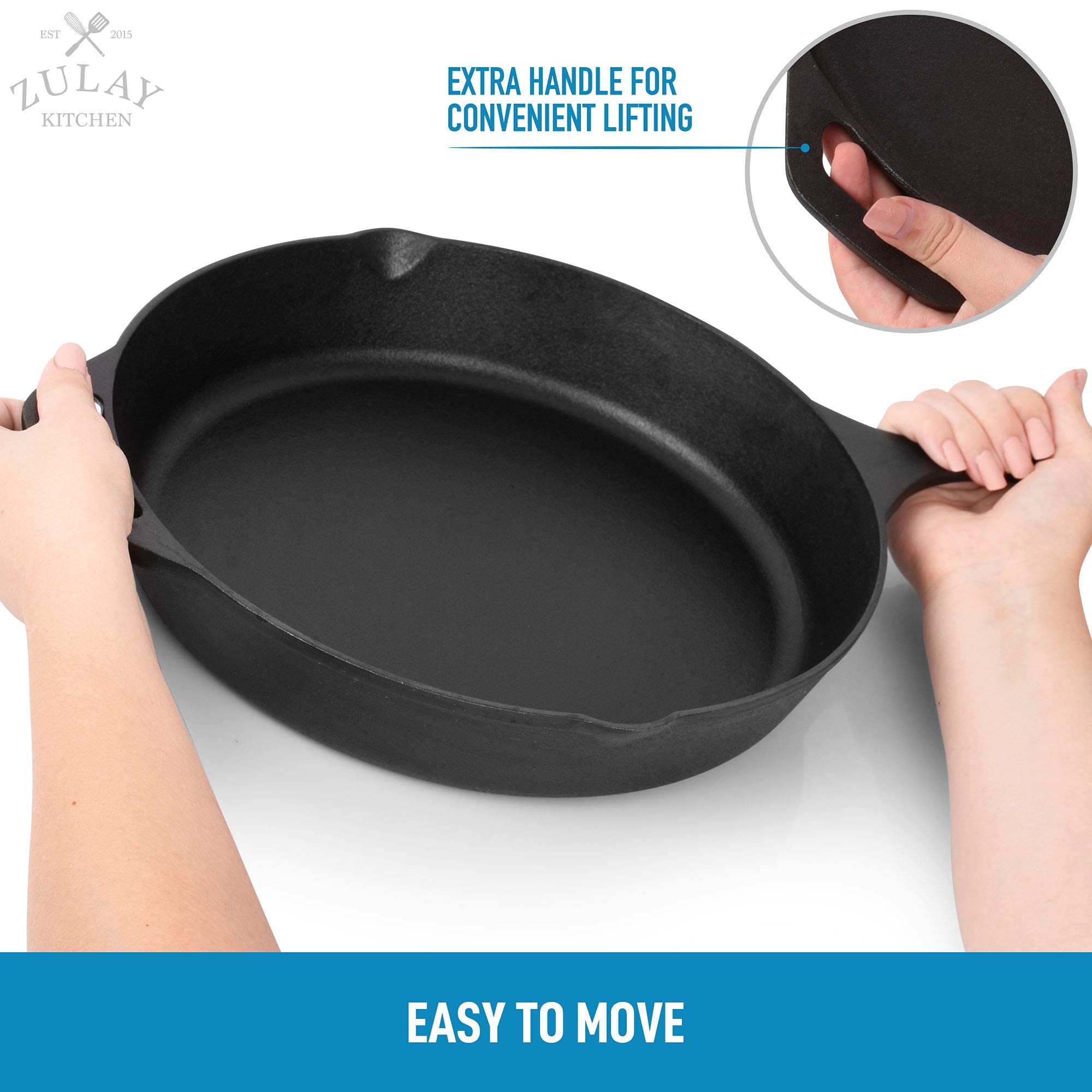 Zulay Kitchen 12 Inch Pre-Seasoned Cast Iron Skillet - Heavy Duty Oven Safe Skillet for Stovetop, Grill, Induction & Campfire Cooking - Perfect for Searing Steaks, Baking Pizza & Outdoor Camping Meals