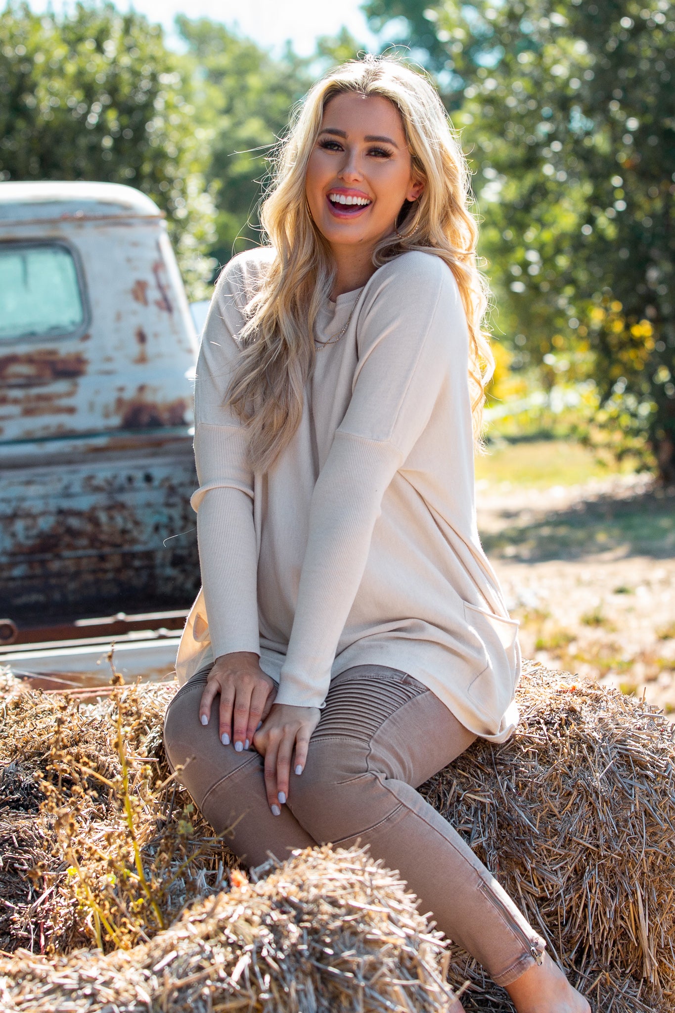 Beige Maternity Top with Pockets & Dolman Sleeves - Comfortable Pregnancy Shirt for Casual Wear, Work & Everyday Outfits
