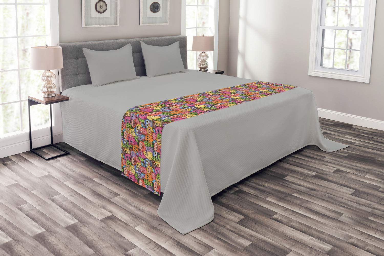 Ambesonne Alien Bed Runner - Carnival of Beasts Cartoon Monsters with Unique Art Styles, Out of This World Themed Decorative Bed Scarf for Home, Hotel & Guest Room Decor - Multicolor | Perfect for Sci-Fi Themed Bedrooms & Fantasy Room Decorations