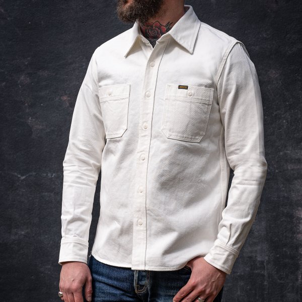 Iron Heart IHSH-391 Heavyweight 13.5oz Denim Work Shirt for Men - Classic White Cotton Shirt for Workwear, Outdoor & Casual Style