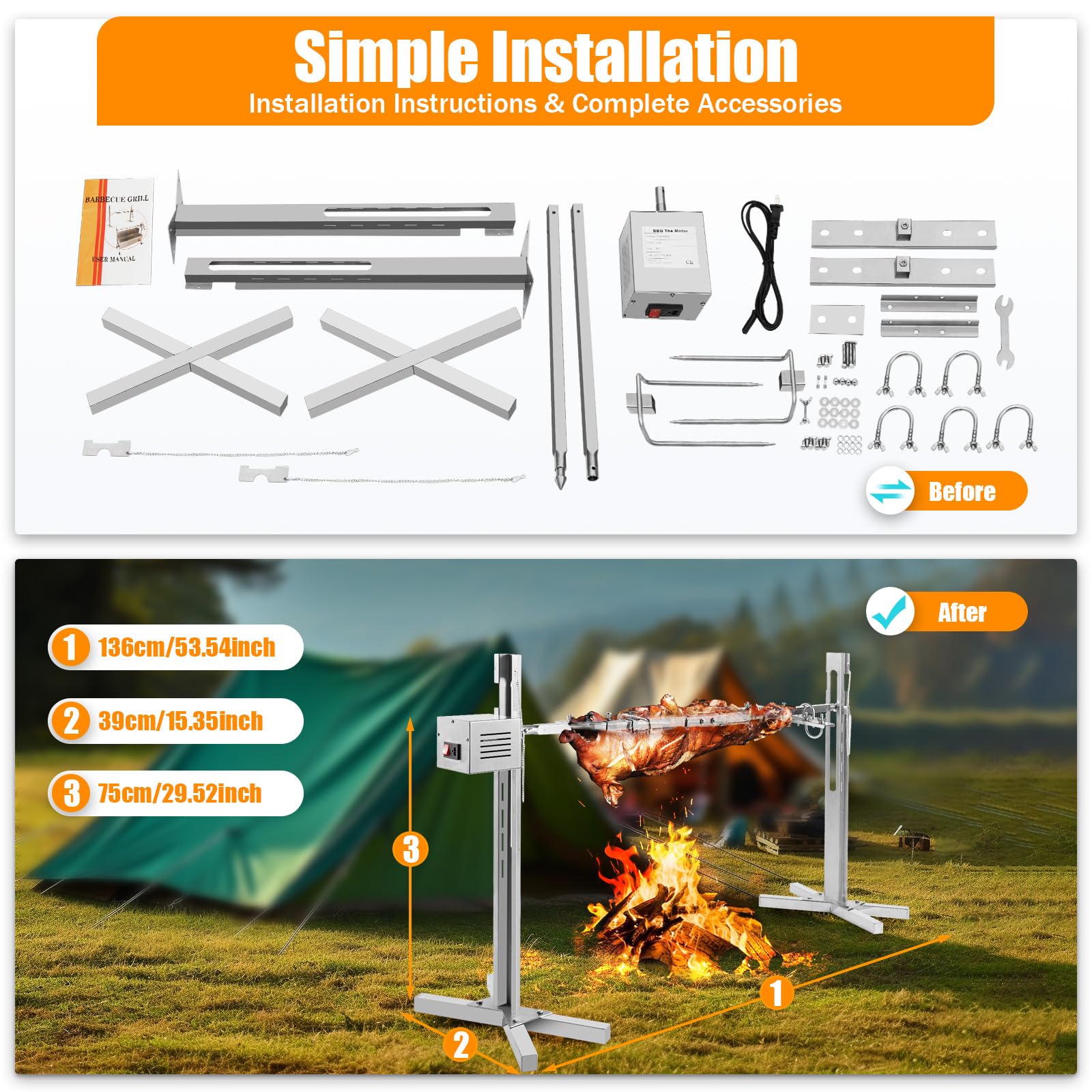Stainless Steel Rotisserie Grill Kit for Lamb, Pig, Chicken - Heavy Duty BBQ Motor & Spit Rod - Perfect for Backyard Grilling, Camping, and Outdoor Parties