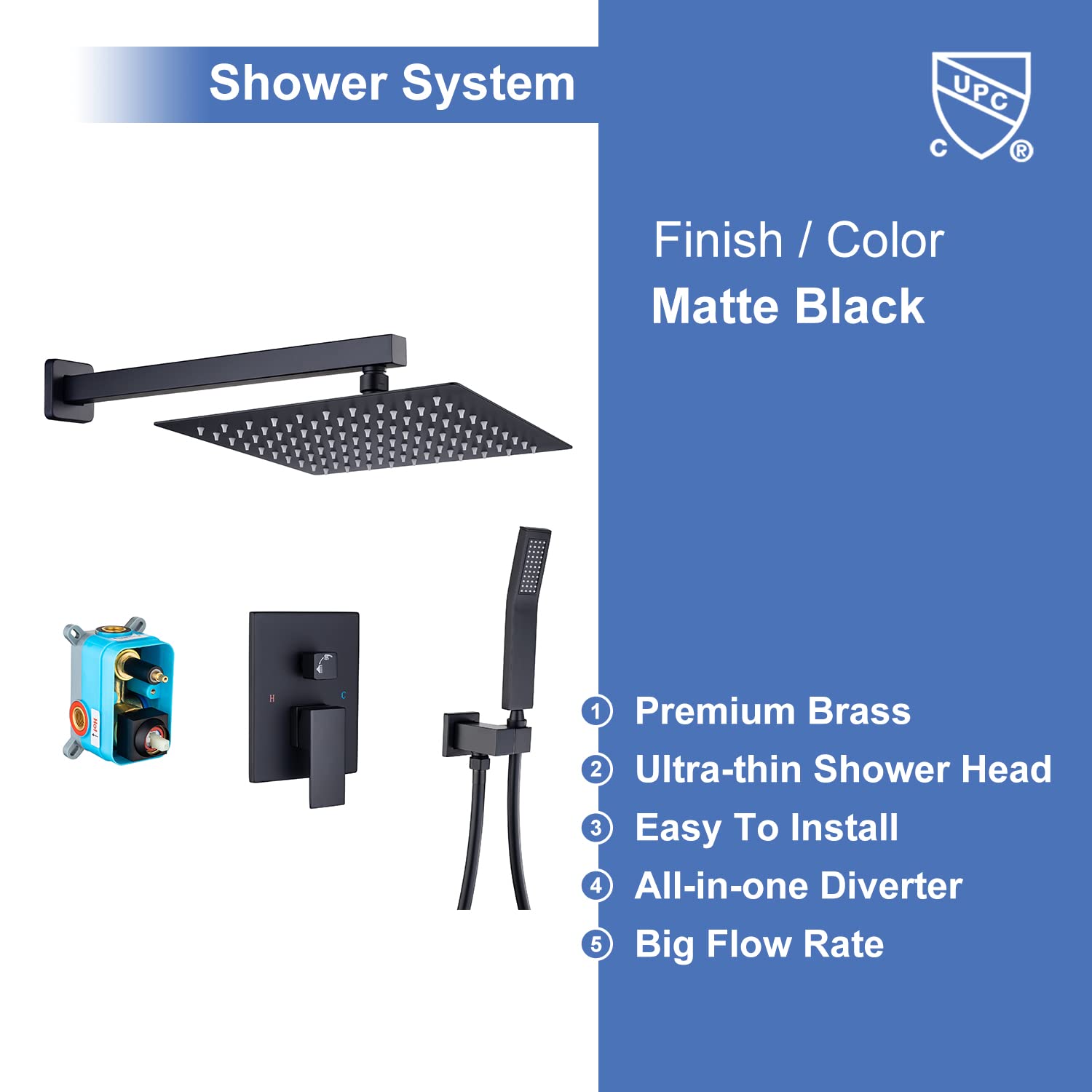 Luxury Matte Black 12 Inch Square Rain Shower Head System - Wall Mounted Rainfall Shower Combo Set with Faucet Rough-in Valve (Perfect for Modern Bathroom & Spa Experience)